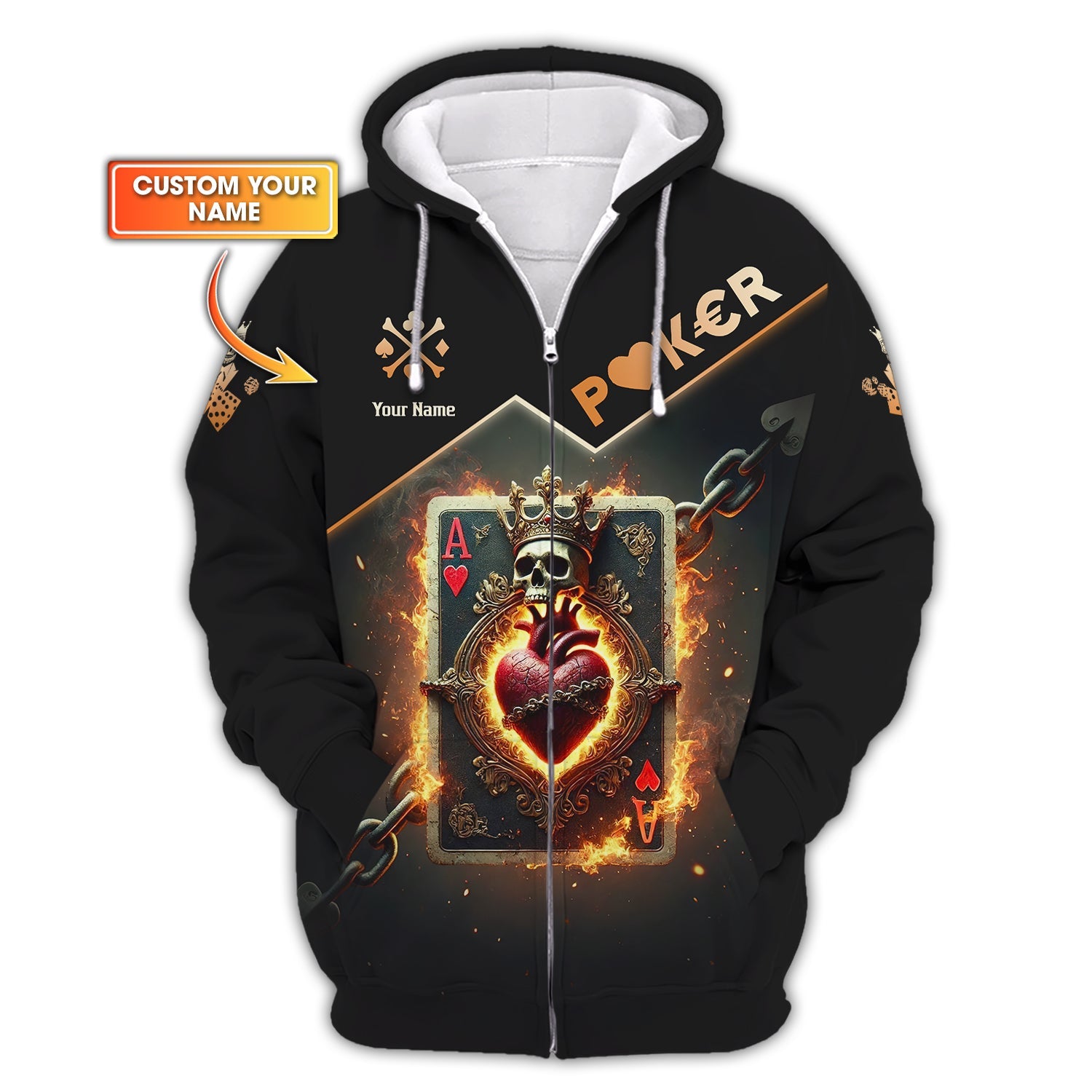 Custom Poker T-Shirts – Fiery Ace of Hearts, Skull Crown and Chains, Gift For Poker Players