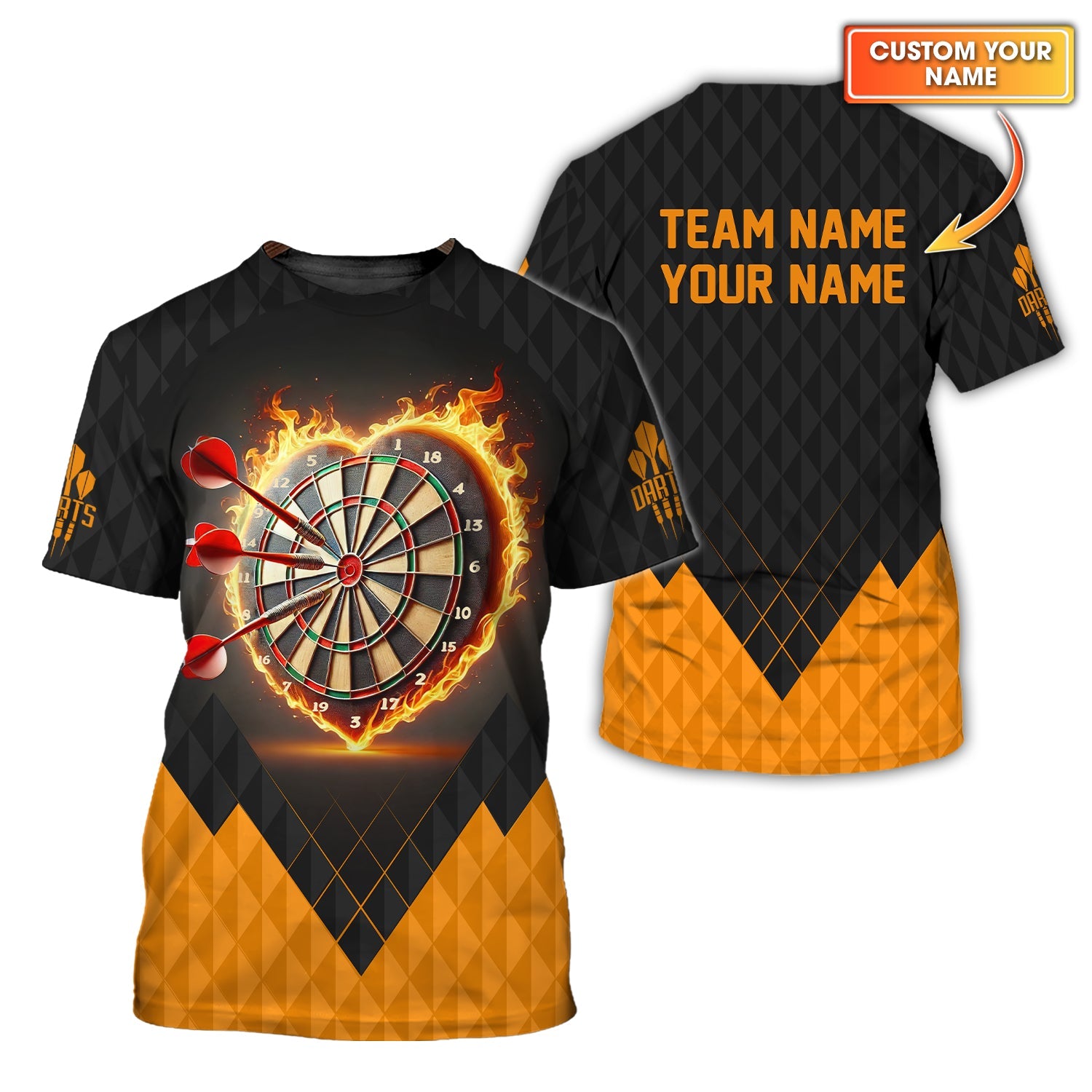 Darts Jersey with Flaming Heart and Geometric Diamond Print – Custom Name & Team