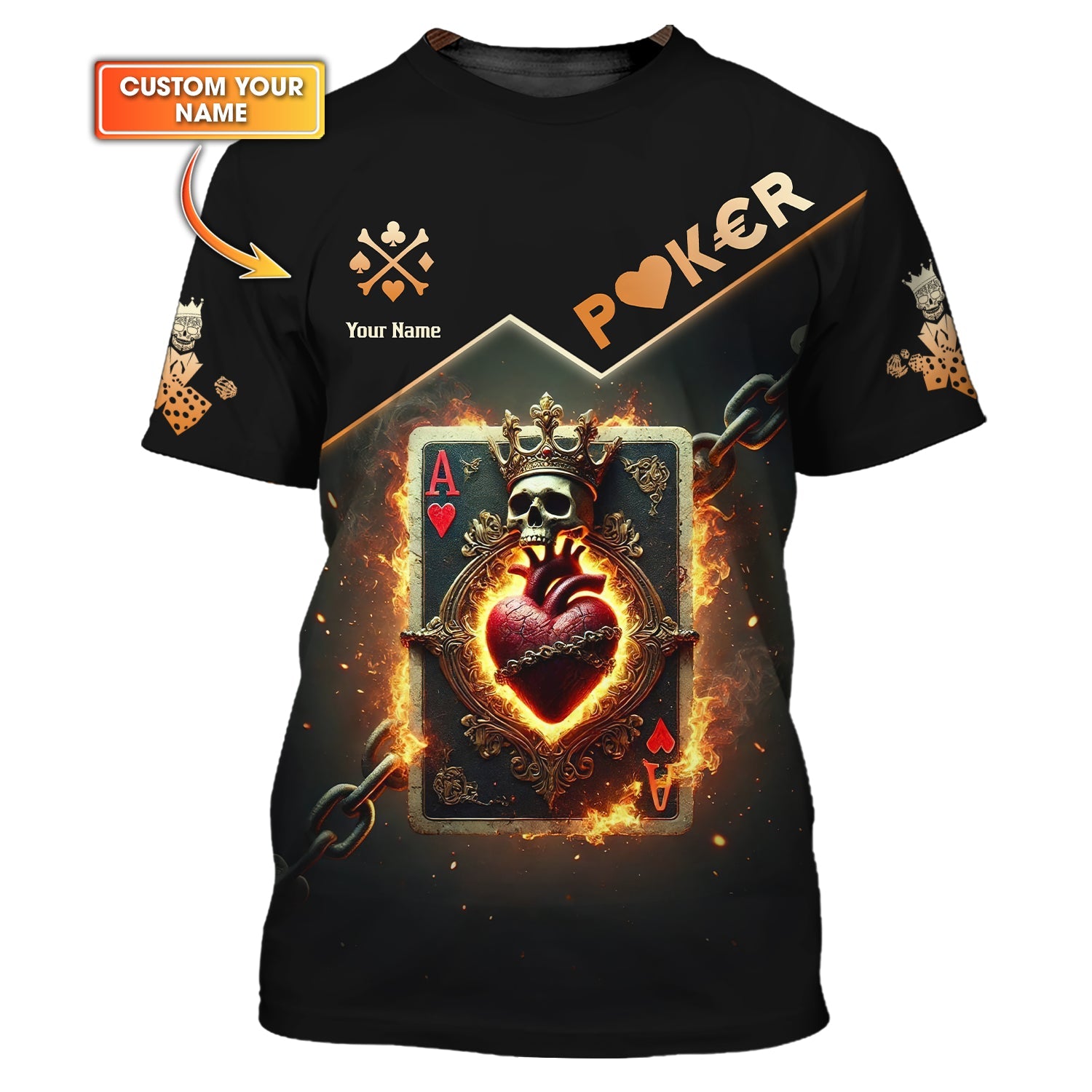 Custom Poker T-Shirts – Fiery Ace of Hearts, Skull Crown and Chains, Gift For Poker Players