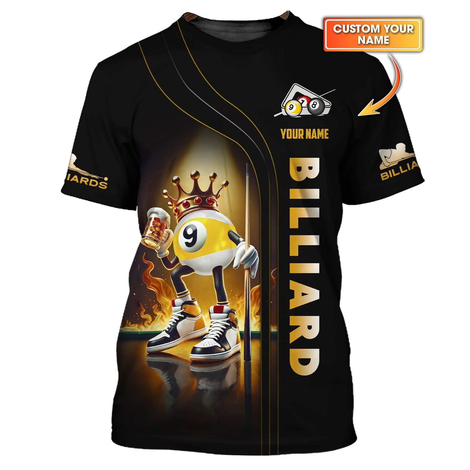 Custom Billiards Shirt – Black & Gold 9-Ball King with Beer Design – Personalized Pool Tee for Confident Players & Champs