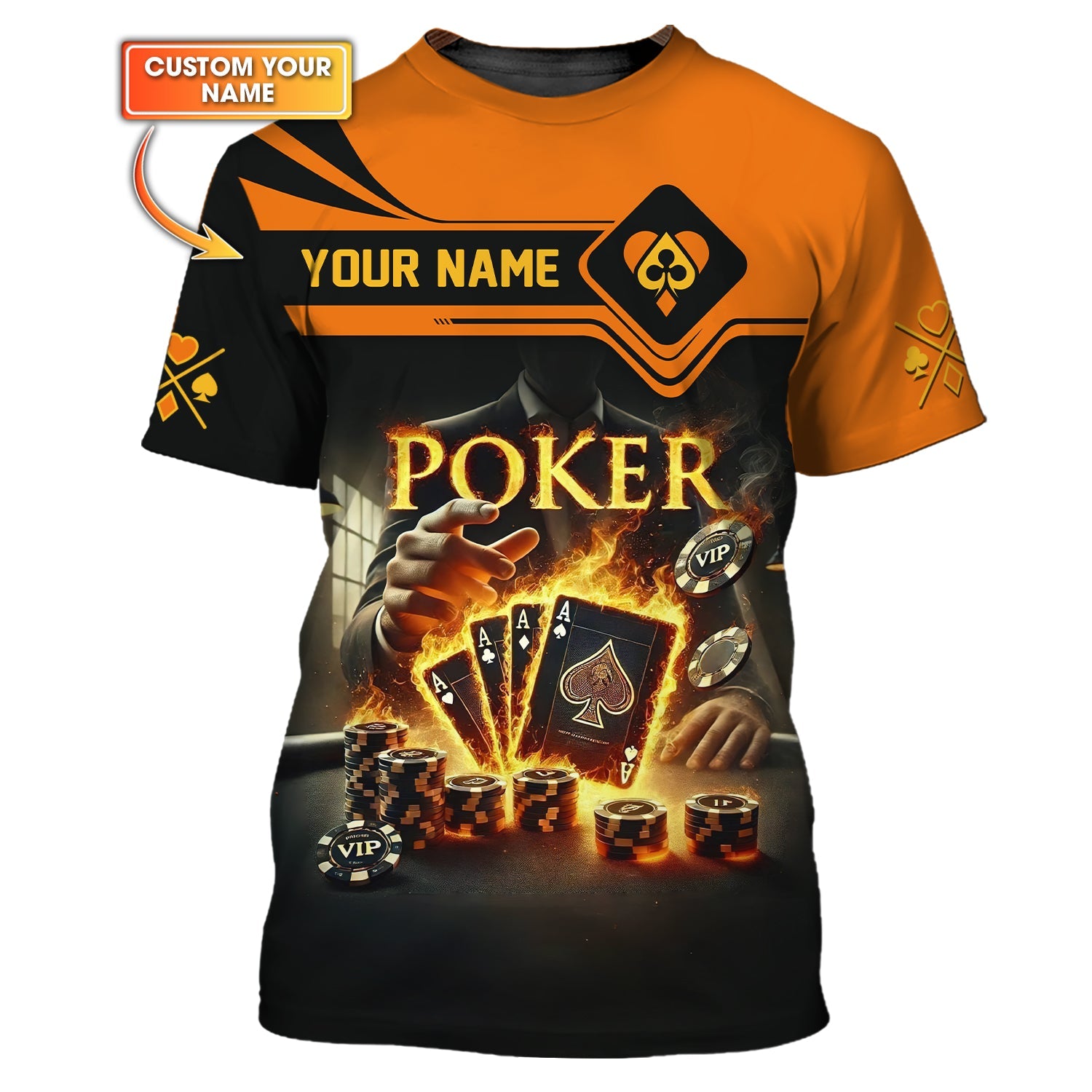 Custom Name Poker Four Of A Kind Aces On Fire T-Shirt, Aces and Poker Chips Design