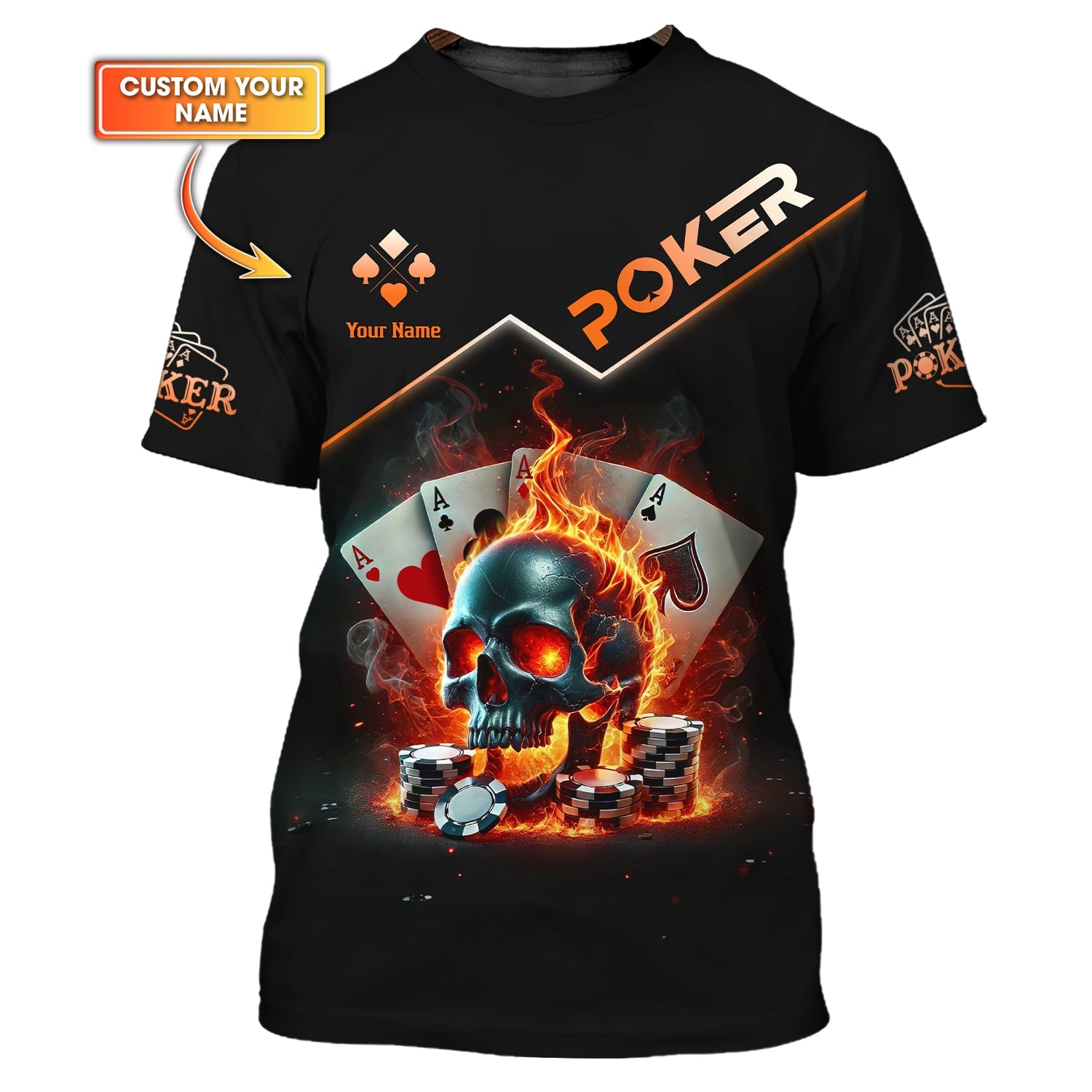 Custom Poker-Themed T-Shirt with Fiery Skull, Aces and Poker Chips Design, Poker T Shirts