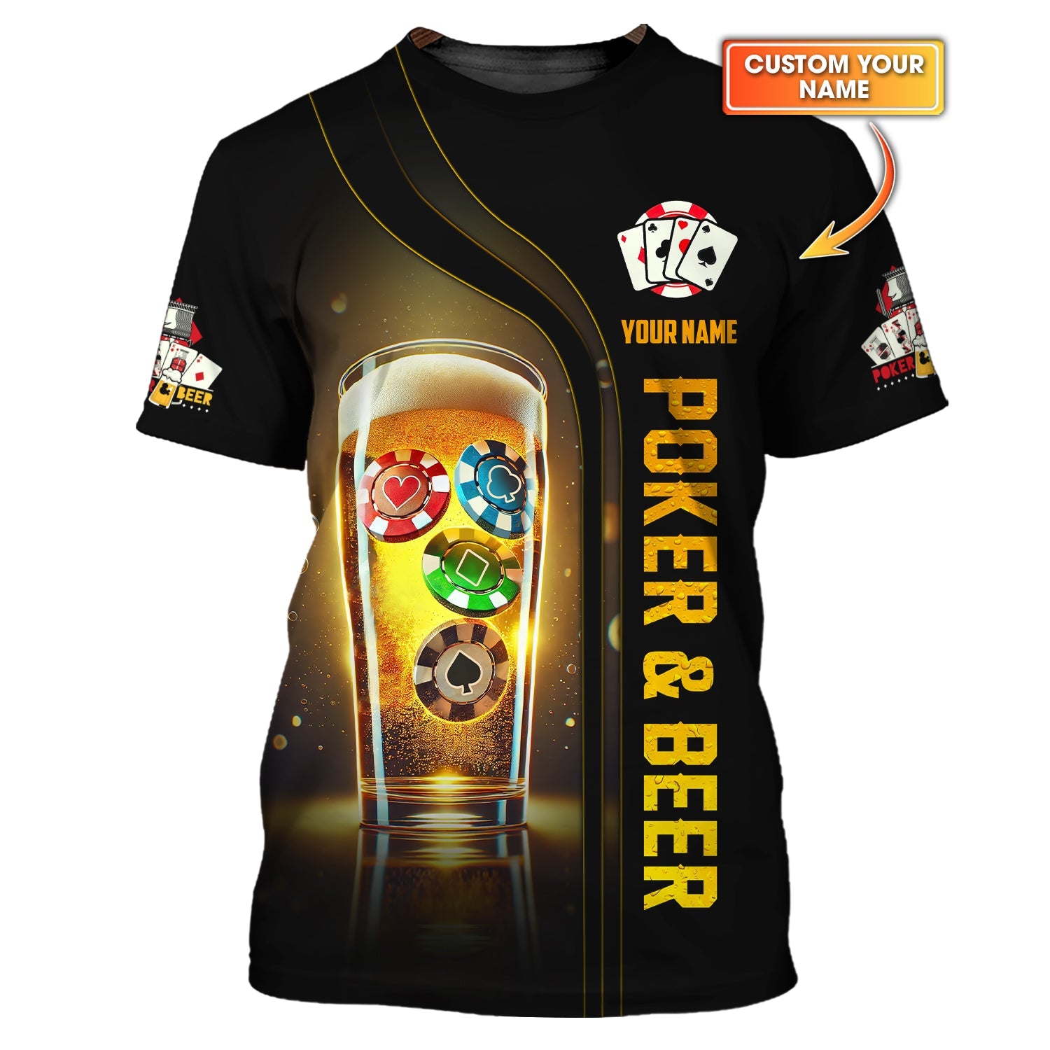 Custom Poker & Beer Shirt – Black & Gold Design with Playing Chips in Beer Glass – Personalized Tee for Card Game Lovers