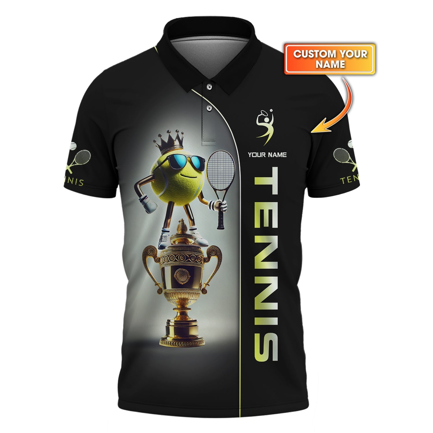 Custom Black & Neon Yellow Tennis Polo – Funny Trophy King Ball Design – Personalized Champion Shirt for Tennis Players & Fans