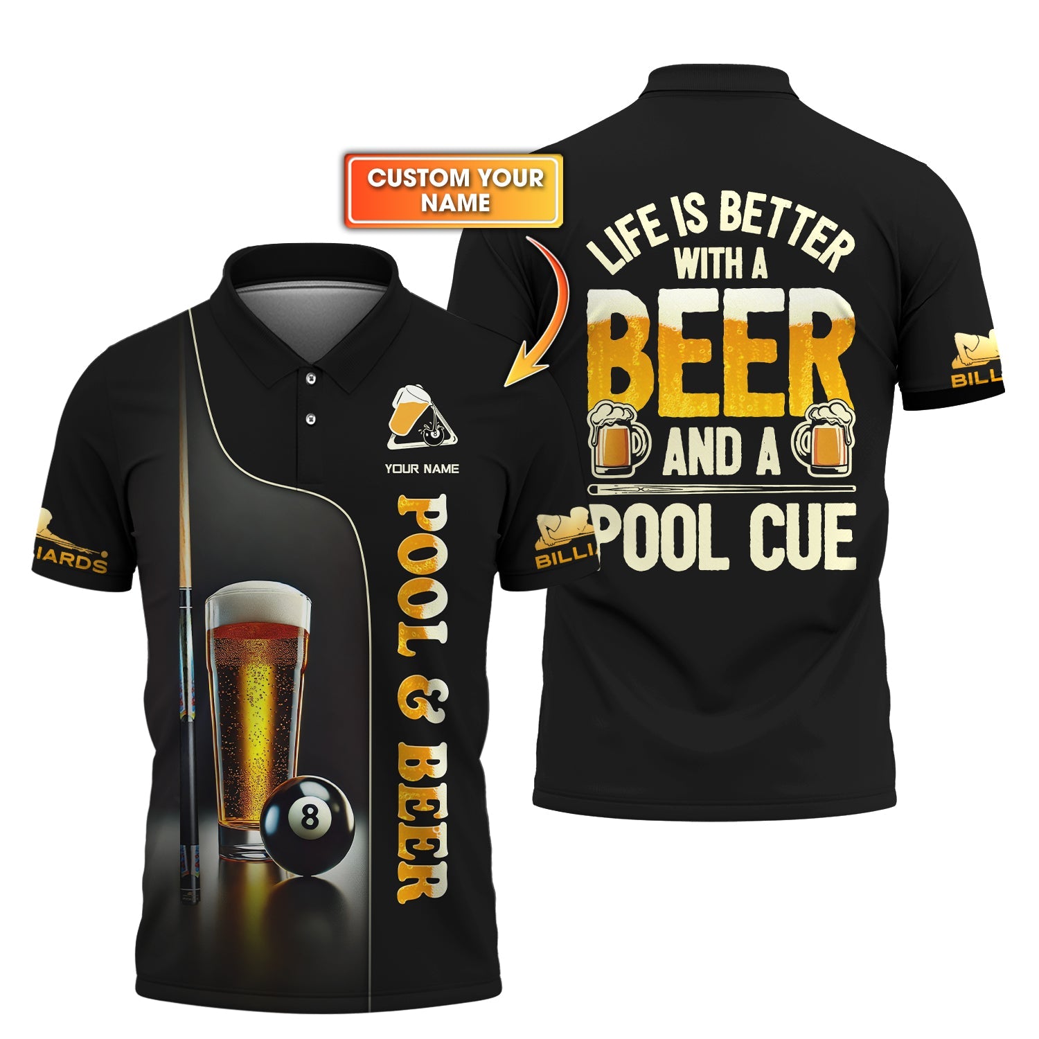 Custom Pool & Beer Shirt – Life Is Better With a Beer and Cue – Black Gold Billiards Tee