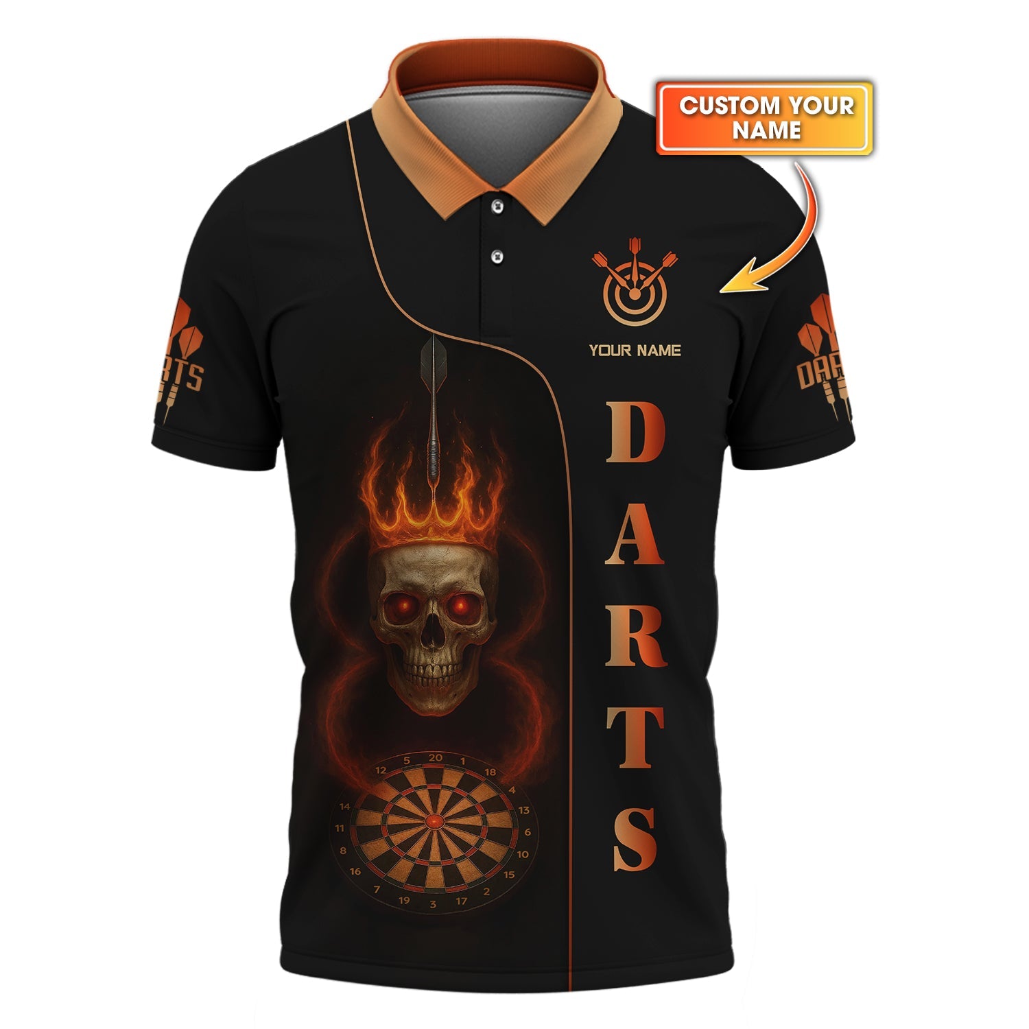Flaming Skull Darts Shirt, Custom Name Dart Polos For Men, Darts Clothing