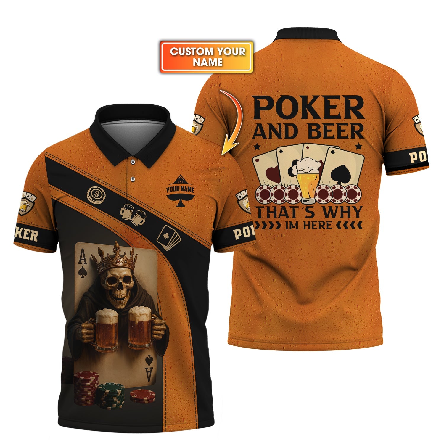 Custom Poker and Beer Shirts, Poker Skeleton Funny Custom Name Shirt for Men, Poker Gift for Lover