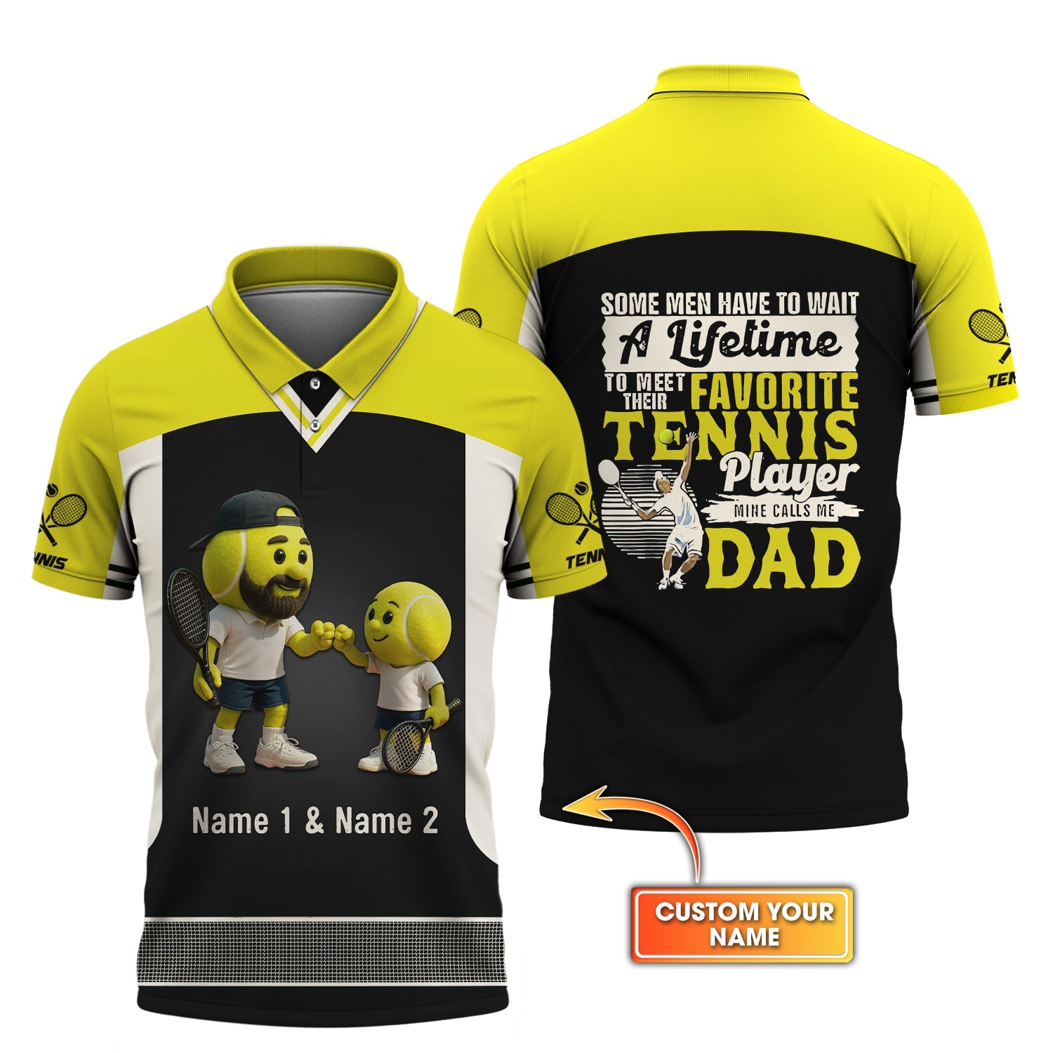 Tennis T Shirt, Yellow Black Tee With Ball Characters Custom Father Son Gift For Him, Gift for Dad