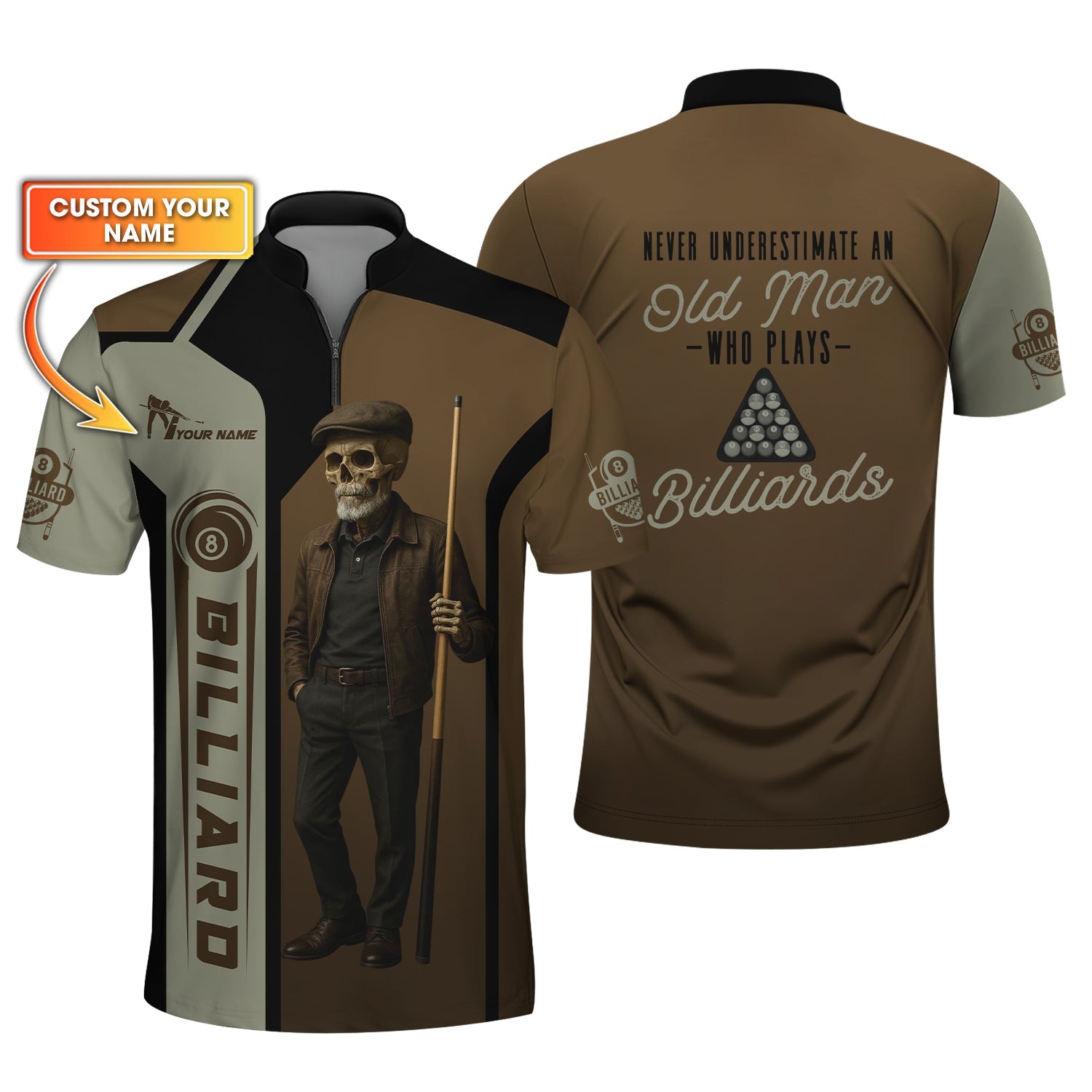 Custom Billiards Shirt, Skeleton Pool T Shirt, Never Underestimate Old Man, Gift For Billiards Player