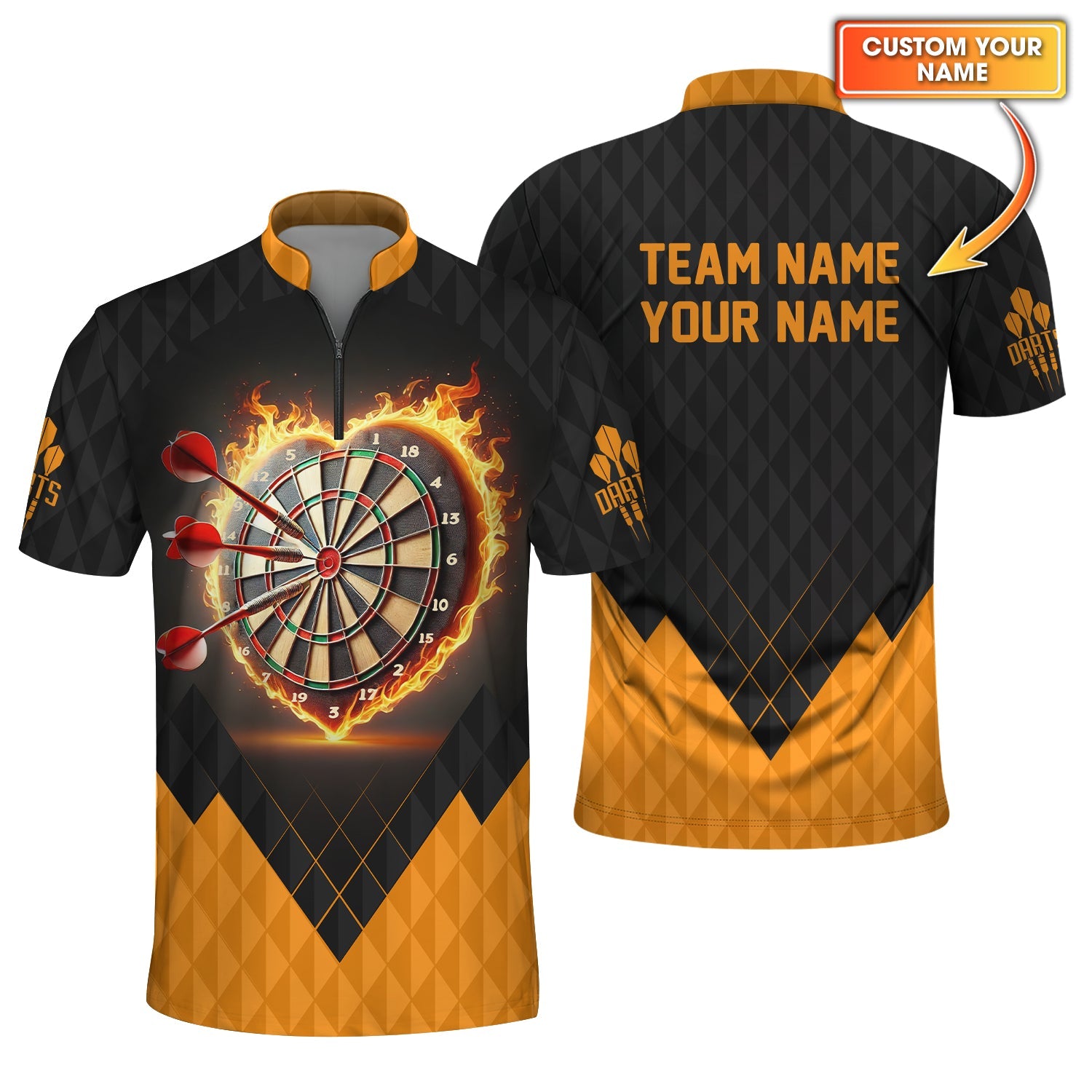 Darts Jersey with Flaming Heart and Geometric Diamond Print – Custom Name & Team