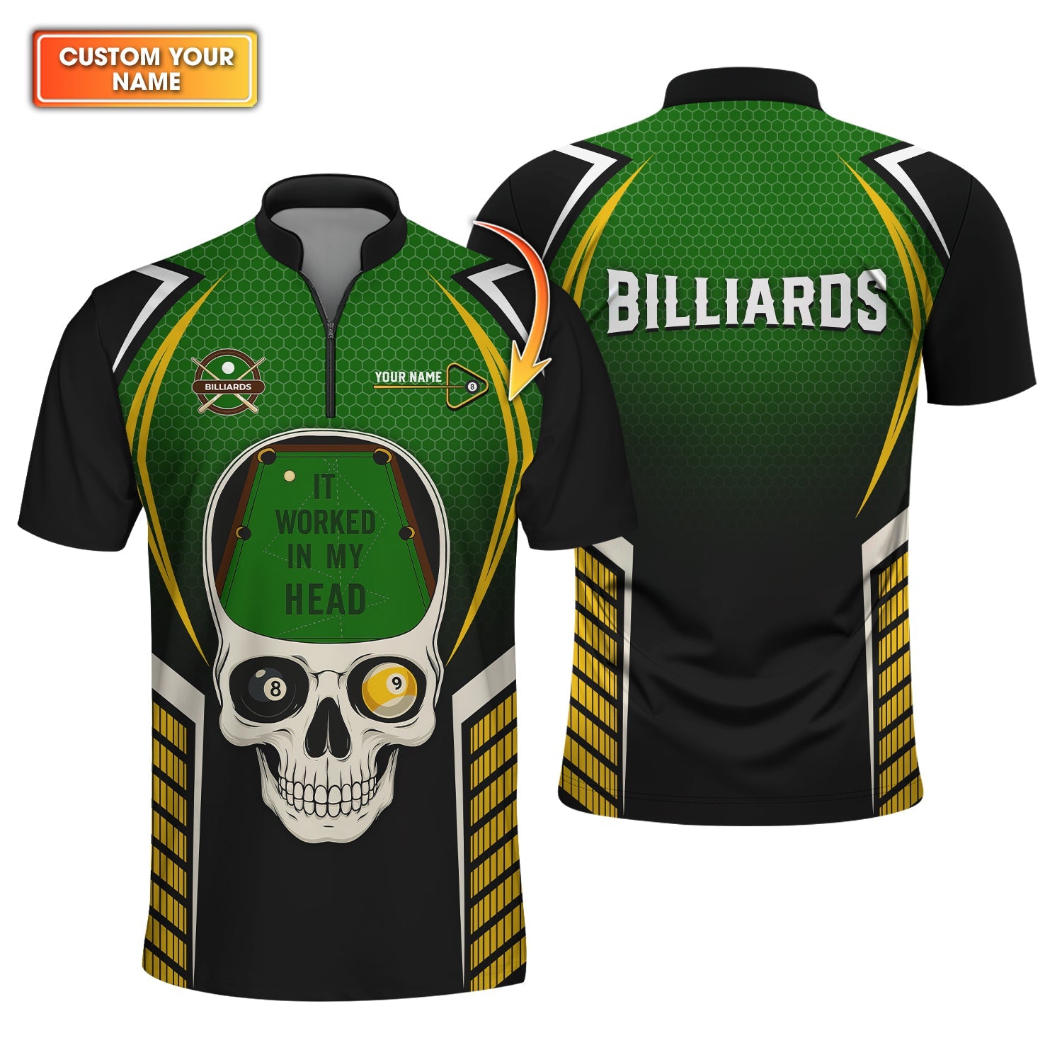 Custom Name It Worked In My Head Billiards Shirts, Funny Skull Pool Jersey For Men, Billiard Tee Shirt