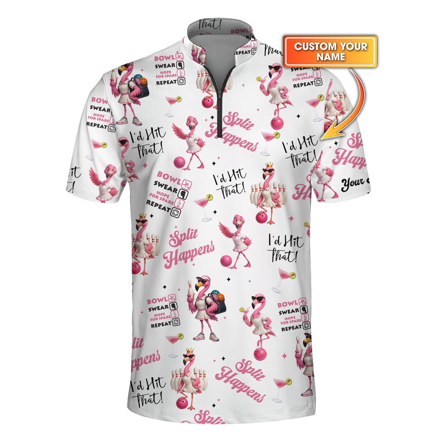 Custom Flamingo Bowling Polo Shirt – Pink Cocktail Design – Women's Funny Bowling Top