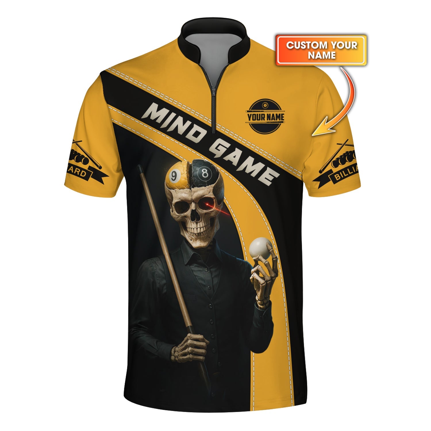 Custom Name Billiard Shirt – Skeleton Skull Design – Mind Game 9 Ball Pool Tee