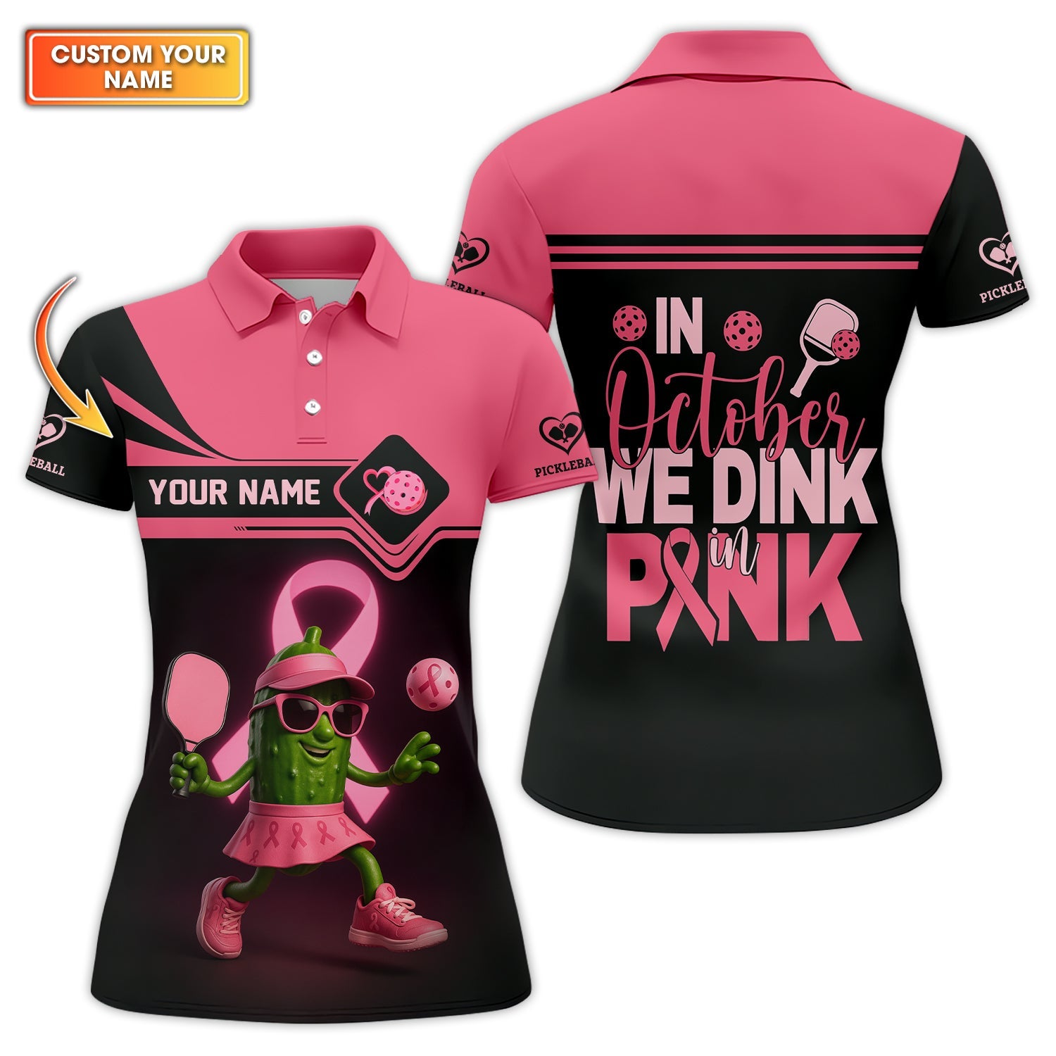 Custom Name Women's Pickleball Shirt , In October We Dink in Pink - Breast Cancer Awareness Pickleball Shirt, Personalized Pickleball Shirt