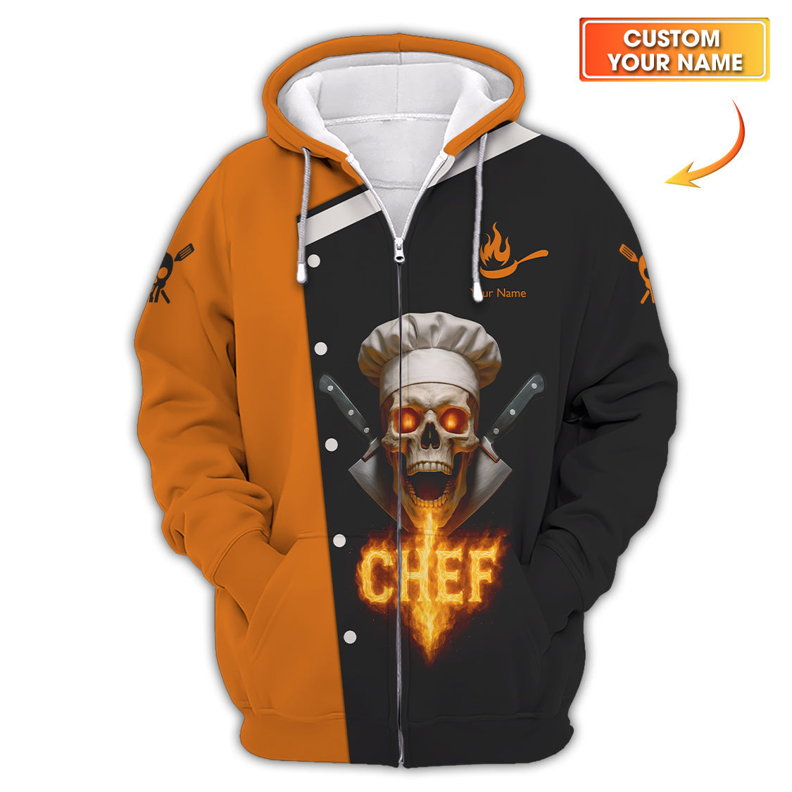 Skull Chef Uniform, Custom Name Flaming Skeleton Chef Shirt For Cooking Lovers