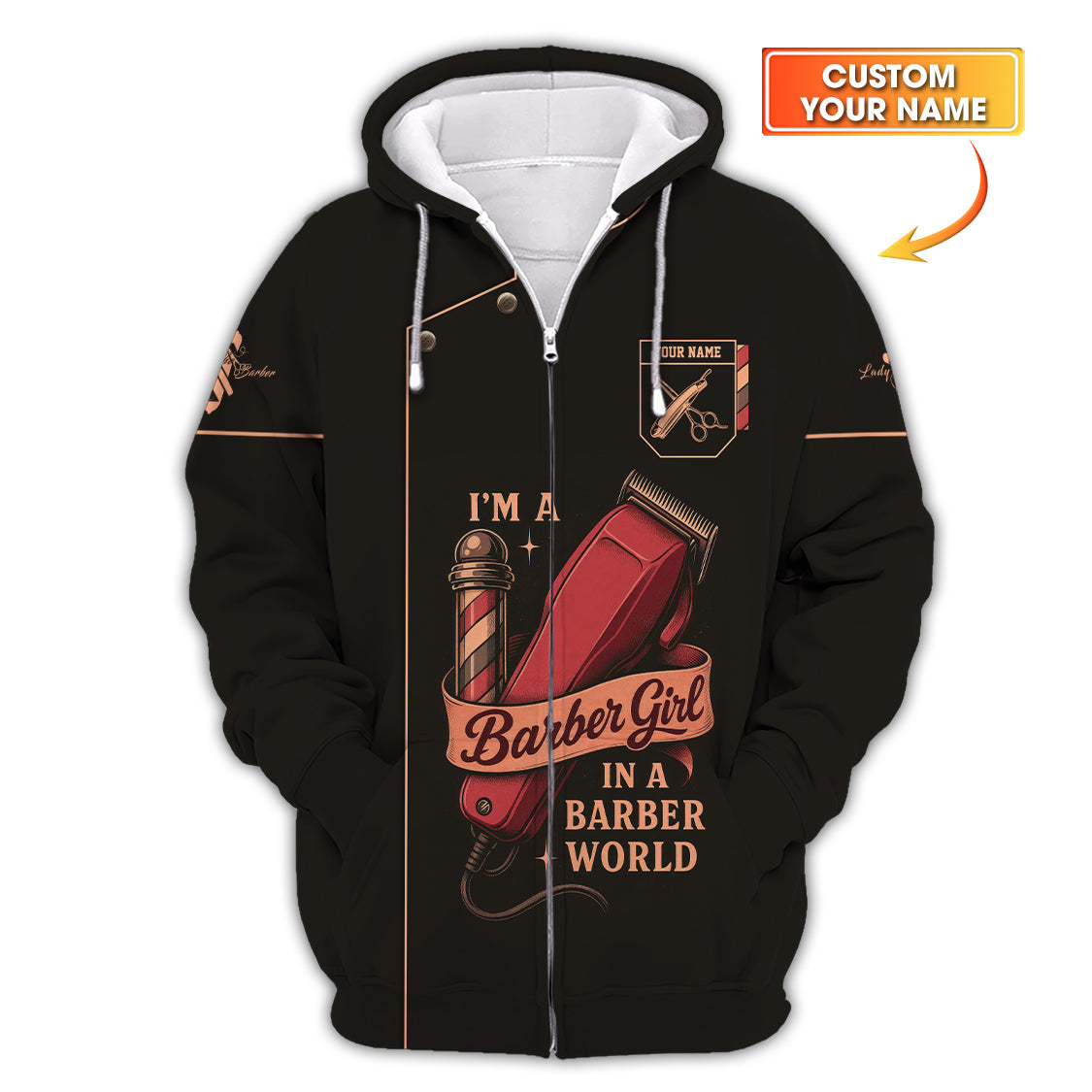 Custom Name Barber T-Shirt, I’m a Barber Girl In A Barber World Shirt, Lady Barber Shirt, Barber Uniform