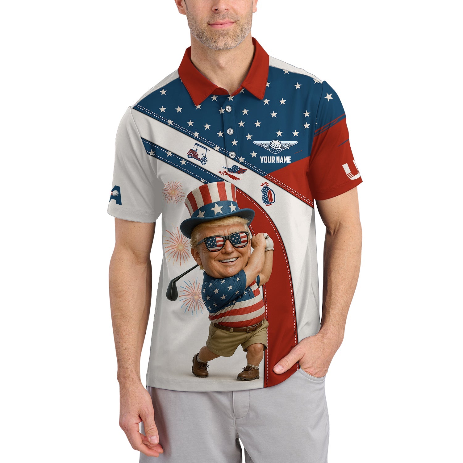 4th Of July Golf Shirt Custom Name, Trump Golf Polos, Patriotic Golf Shirts, Funny Golf Shirt For Men