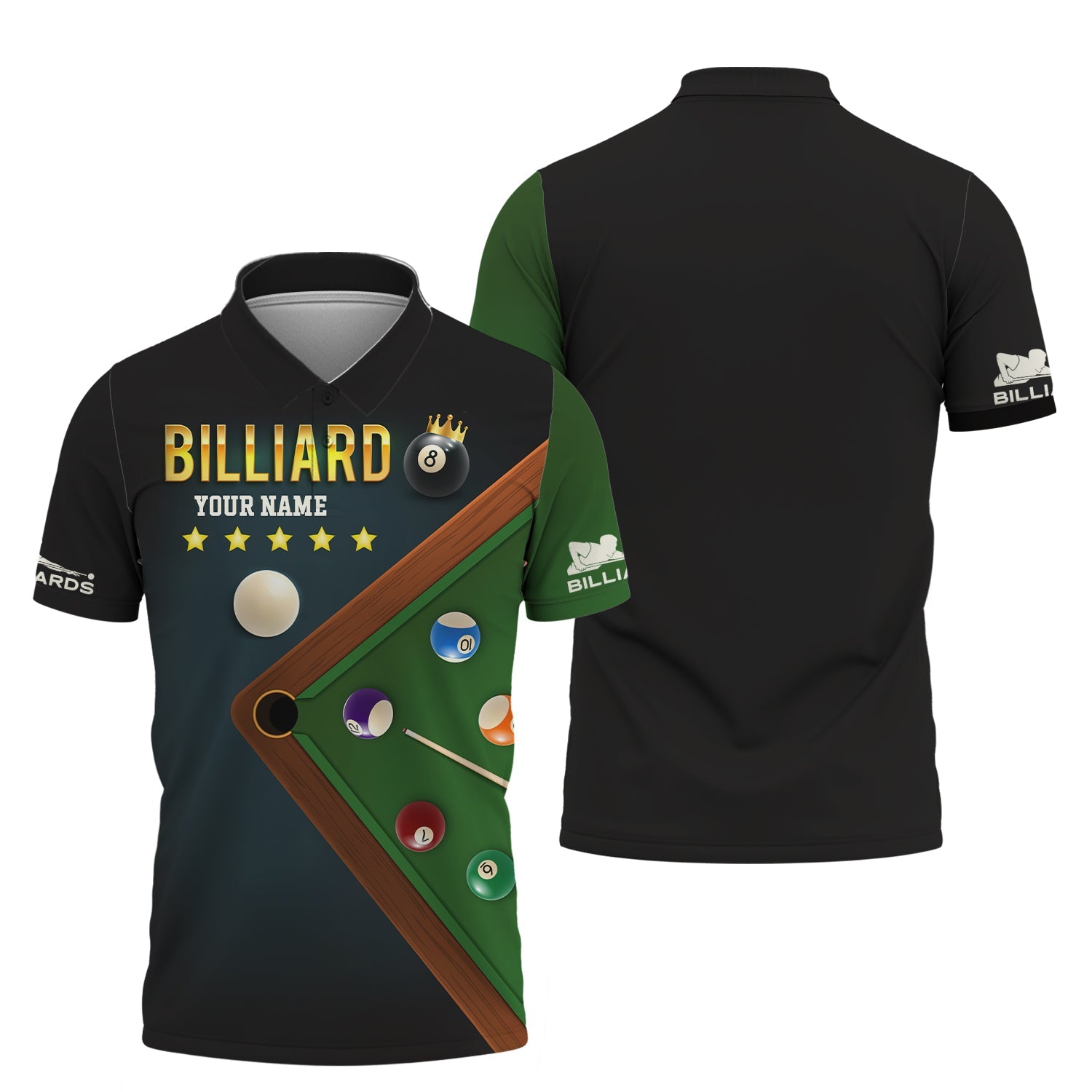 Custom Billiards Shirt – Black Green Pool Table Design with 8-Ball Crown – Personalized Tee for Billiard Players & Fans