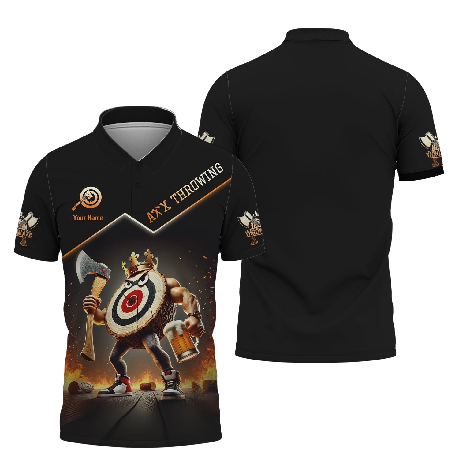 Custom Axe Throwing Shirt – Funny Muscular Target King Design with Beer & Axe – Personalized Black & Orange Jersey for Teams & Events