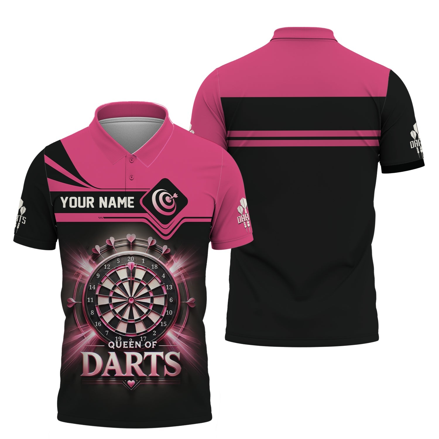 Queen Of Darts Pink Custom Name 3D T-Shirt, Polo Shirt For Darts Player, Darts Shirts, Gift For Darts Lovers