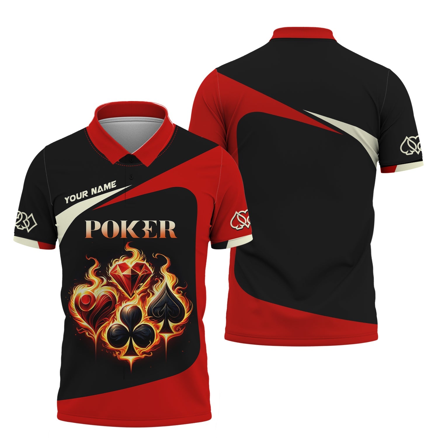 Custom Fiery Poker T-Shirt – Glowing Card Suits & Bold Black-Red Design, Gift For Poker Players
