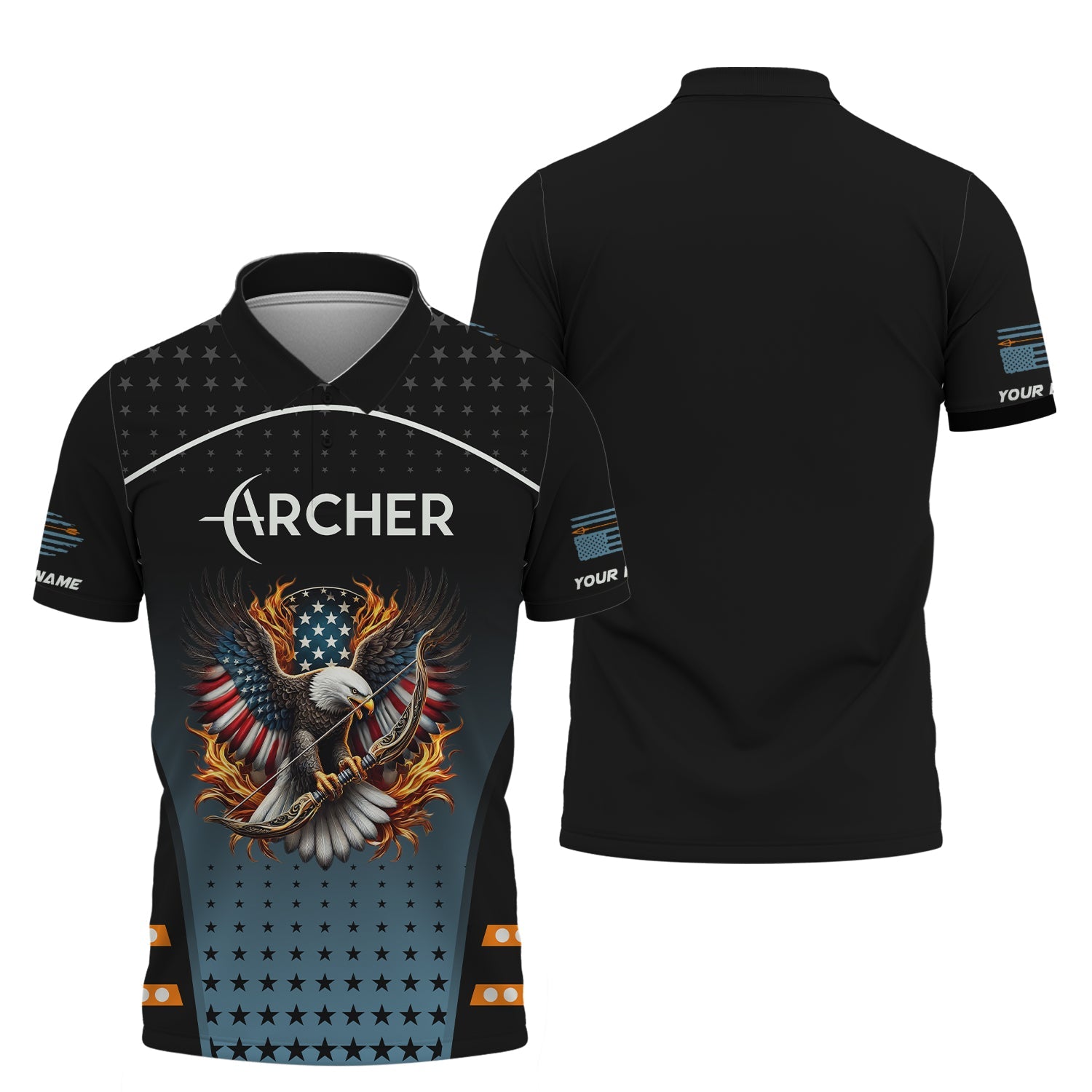 Custom Name Archer America Eagle Jersey, Patriotic Bow & Fire, Archery Polo Shirts