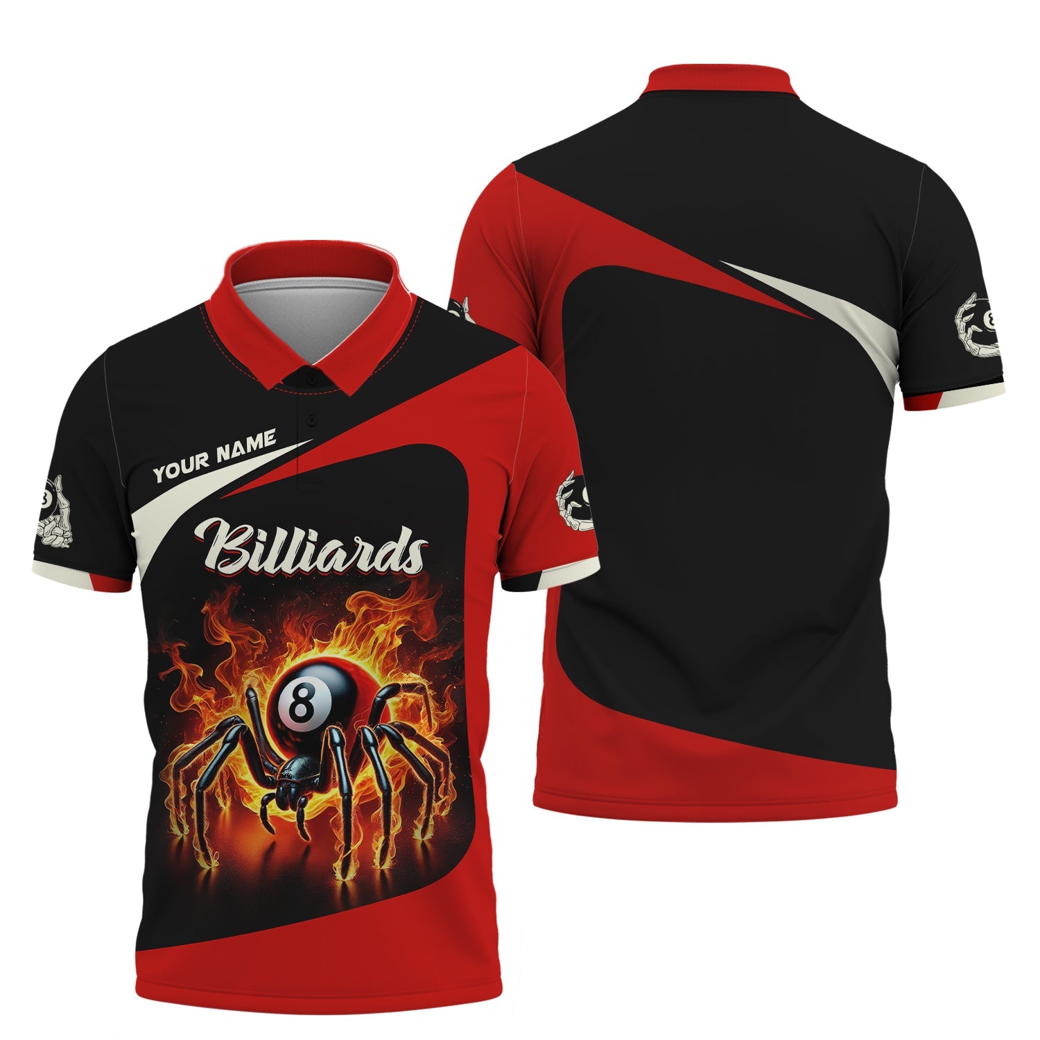 Custom 8-Ball Spider On Fire 3D Effect T-Shirt, Billiards Polo Shirt, Gift For Billiards Players