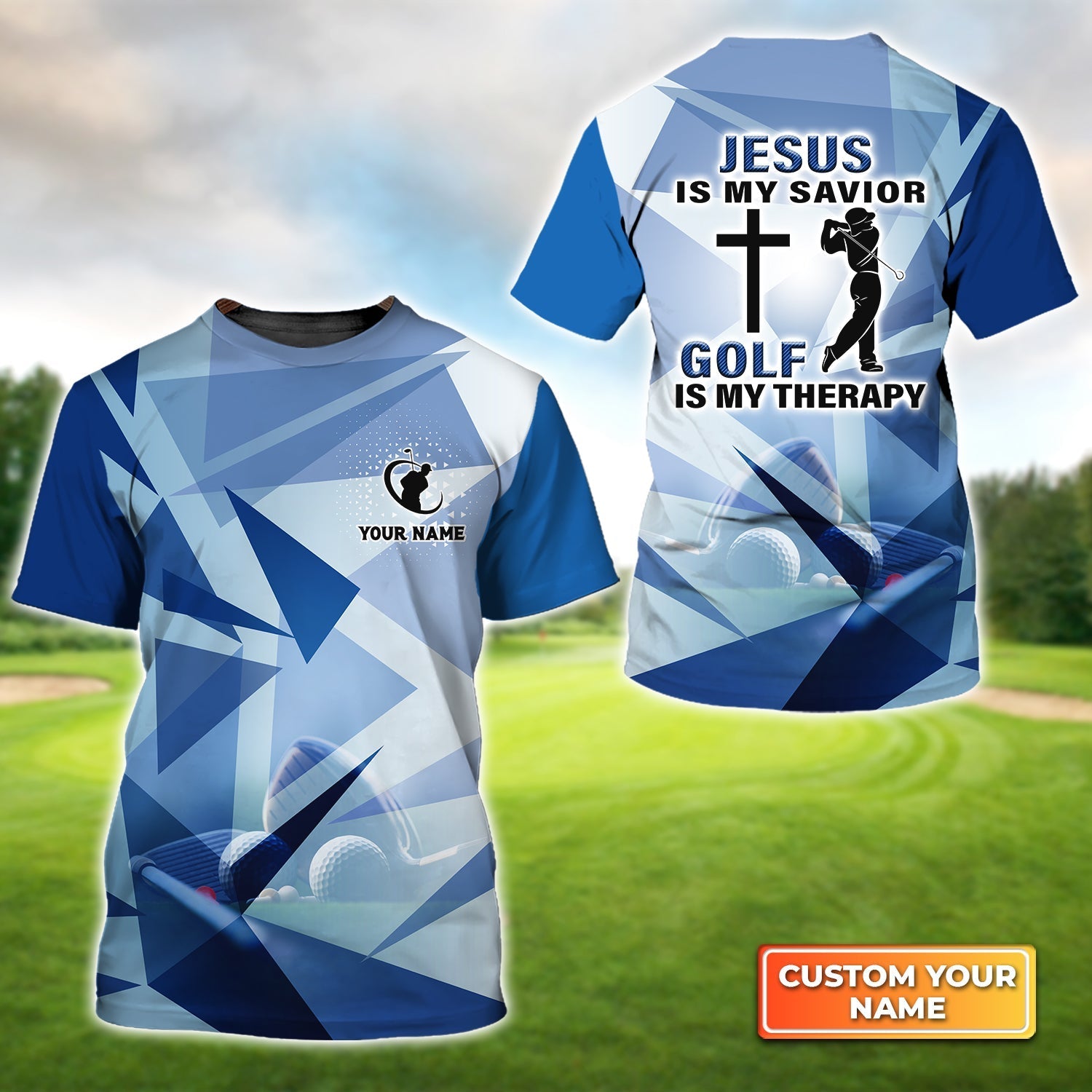 Blue Pattern Jesus Is My Savior Golf Is My Therapy, Personalized Name 3D Tshirt Gift For Golfer