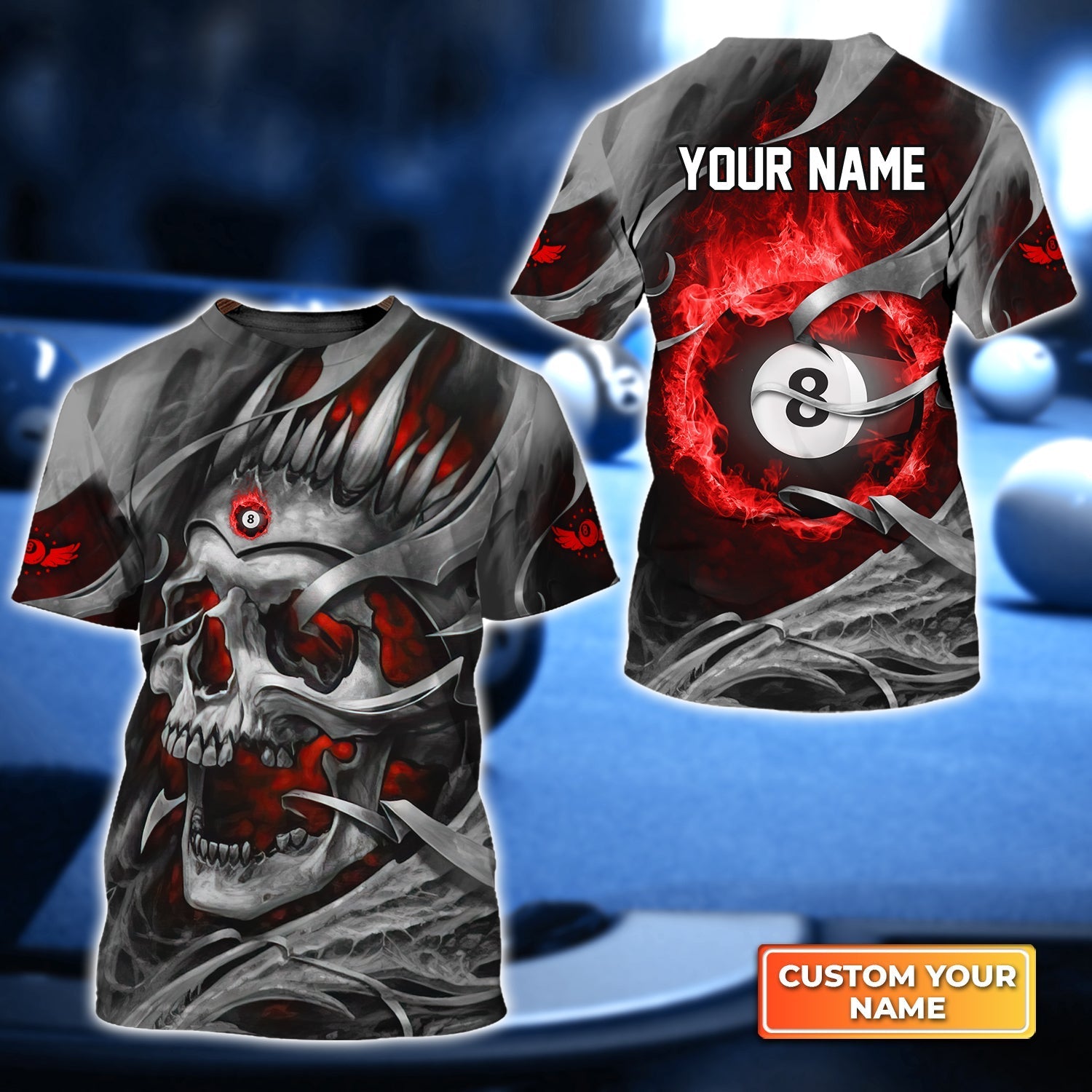 Grim Reaper Billiard Red Skull Personalized Name 3D Tshirt Gift For Billiard Players