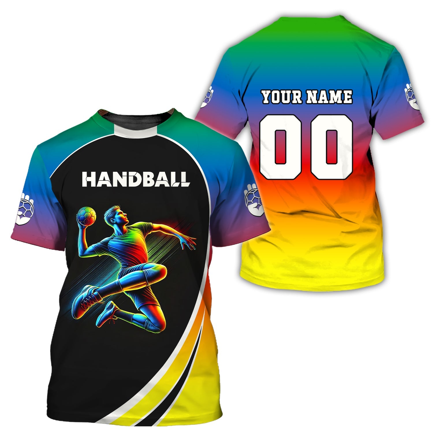 Custom Name & Number Handball Player Multicolor T-Shirt 3D Design, Handball Shirt, Lightweight Sportswear, Gift For Sports Fan