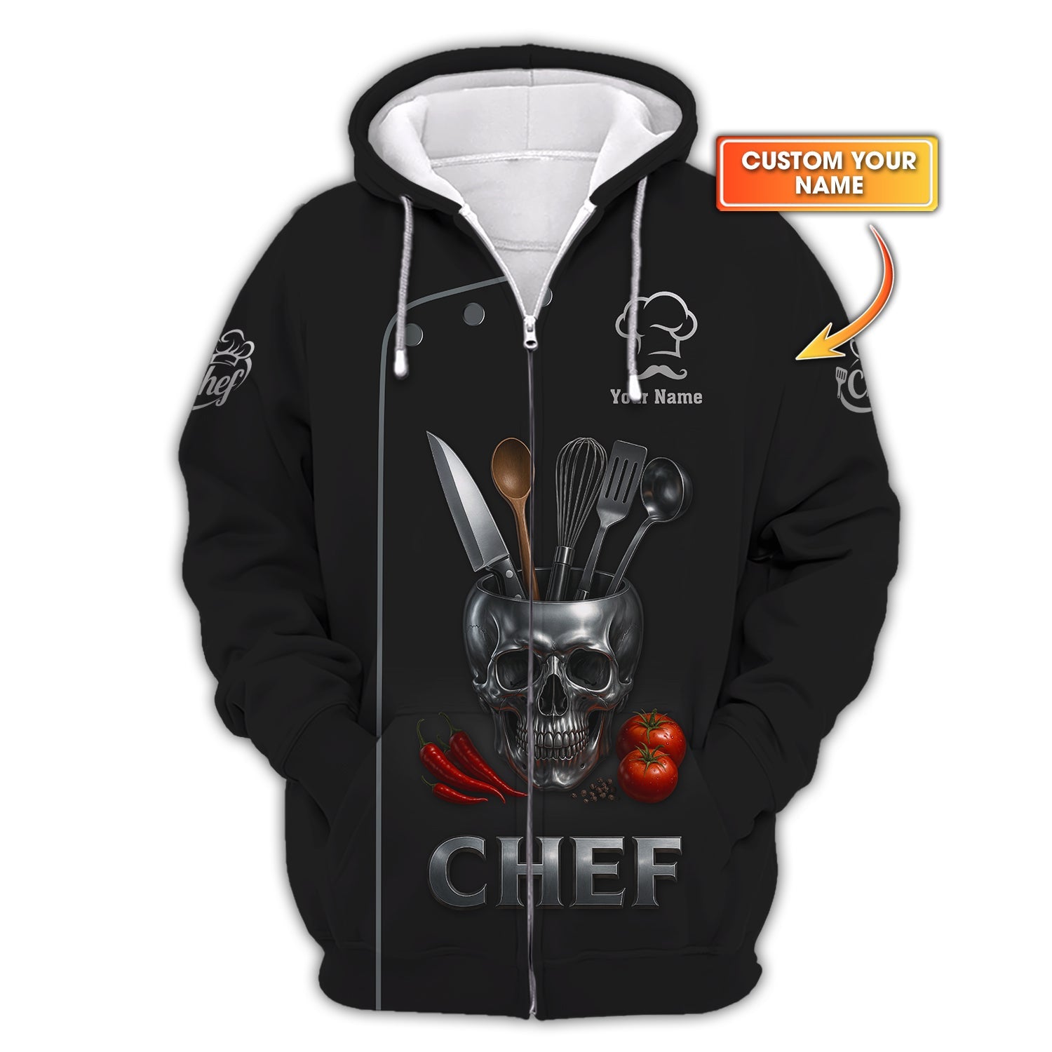 Custom Chef Uniform With Kitchen Tools, Personalized Cooking Shirt, Skull Chef Shirt