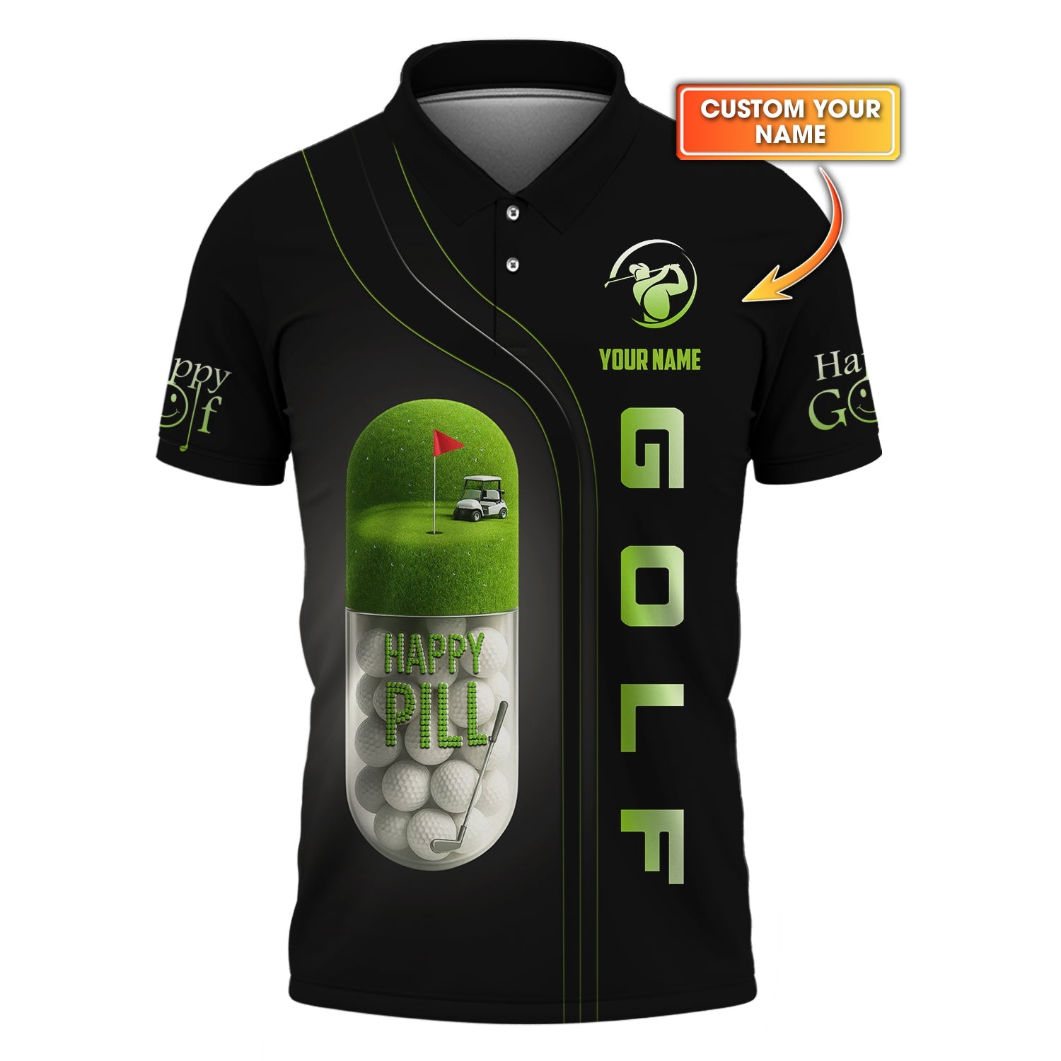 Custom Golf Shirts for Men, Pill Happy Golf Polo Shirts, Funny Golf Shirts