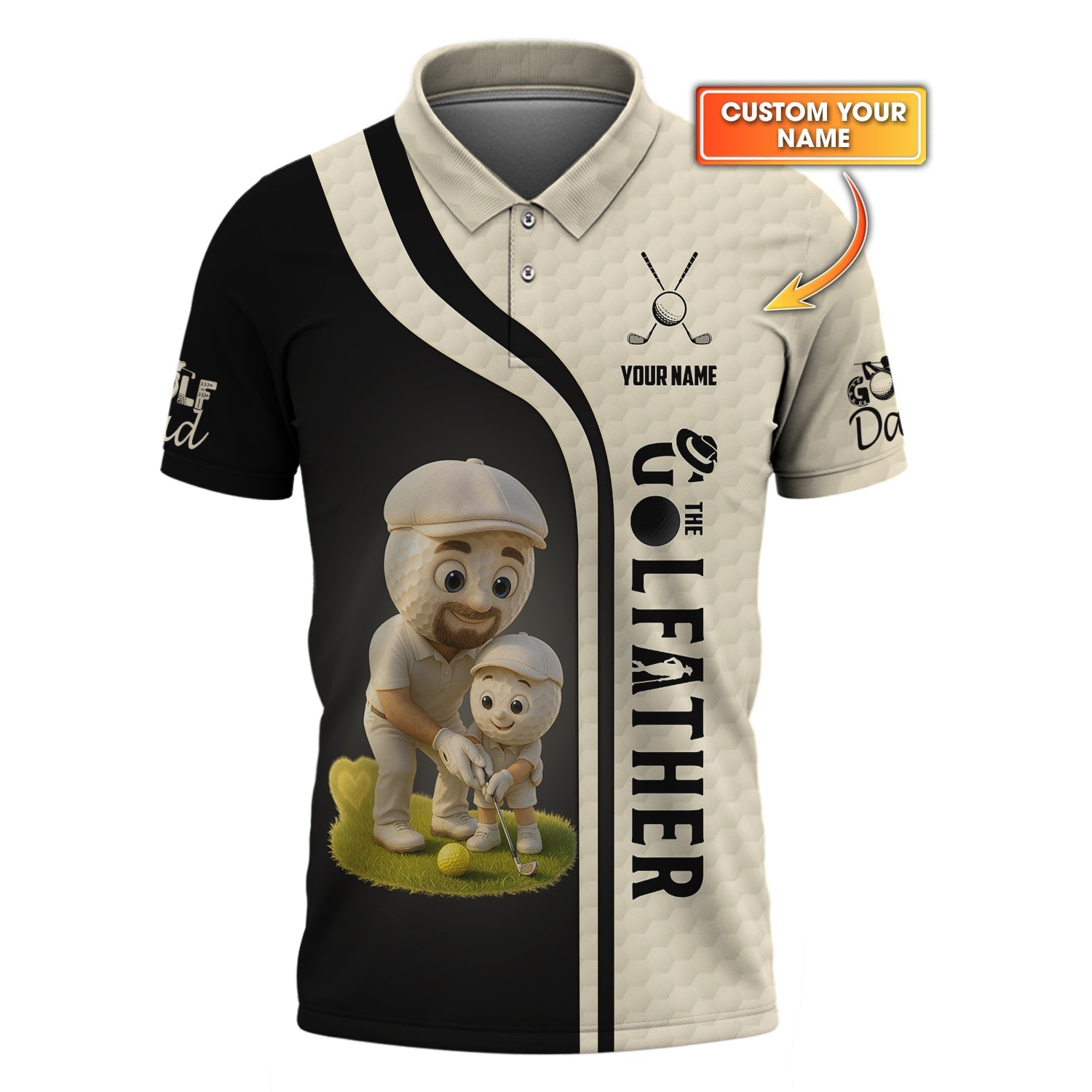 Custom Name Golf Shirt | Cream Black The Golffather Dad & Son Design | Father's Day Gift for Dad