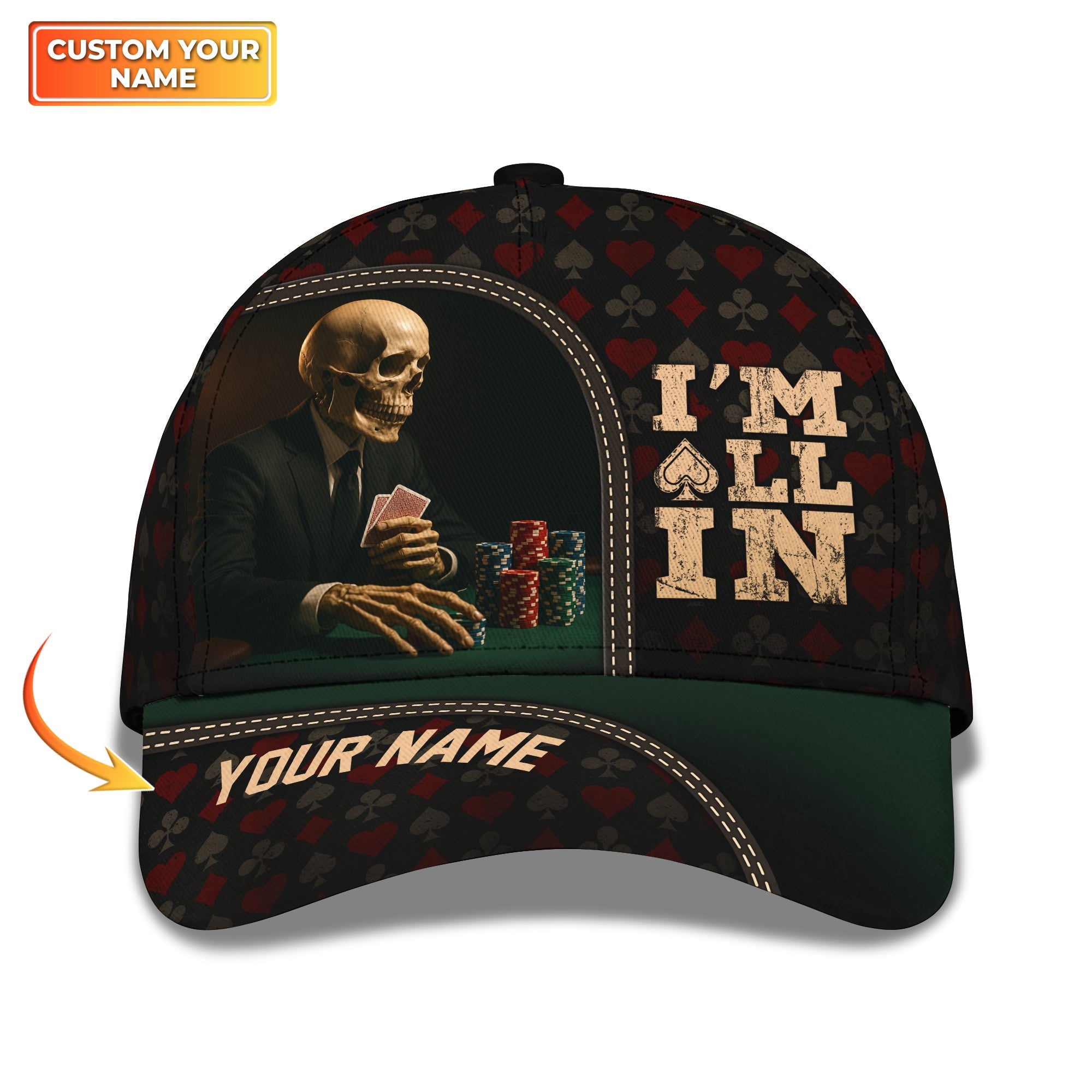 Custom Name Poker Hat – I'm All In Skeleton Card Player Cap – Funny Gambler Skull Hat Your Name