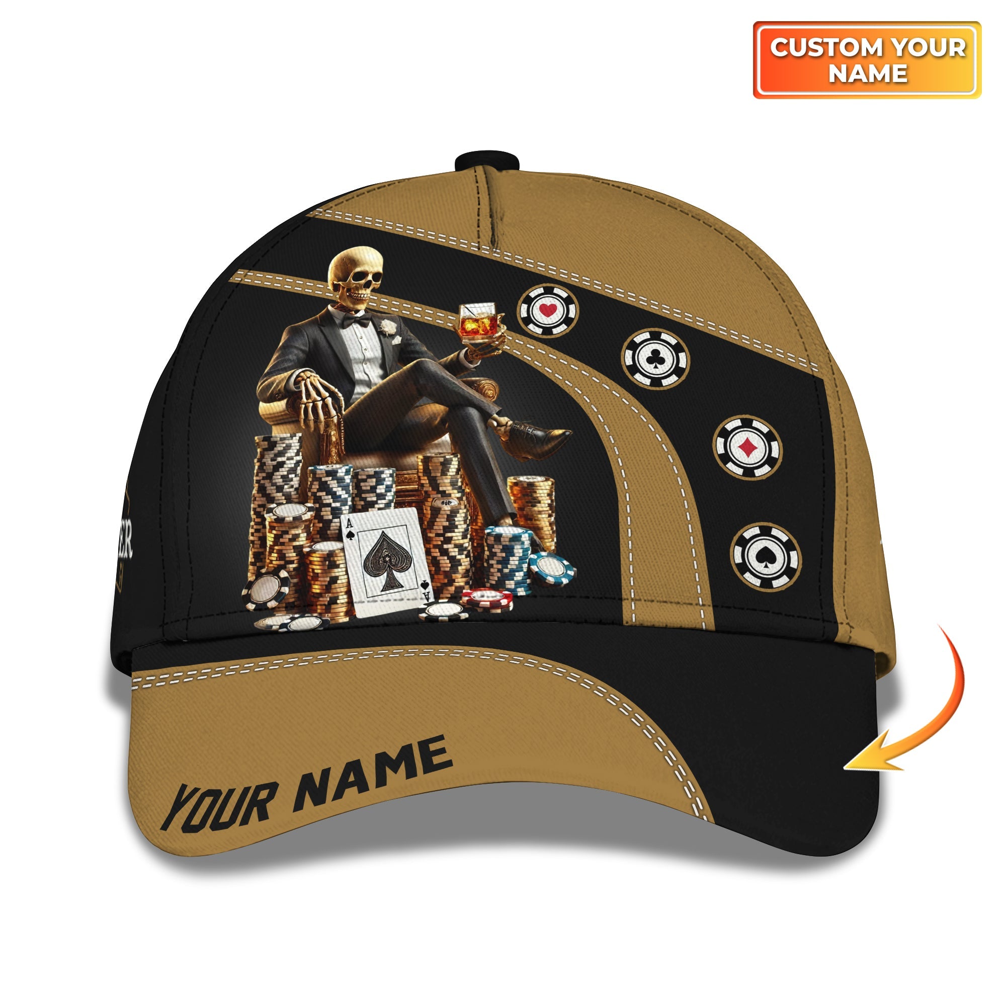 Skull Poker Chips Gambler Cap, Custom Name Poker Hat, Poker Player Hat