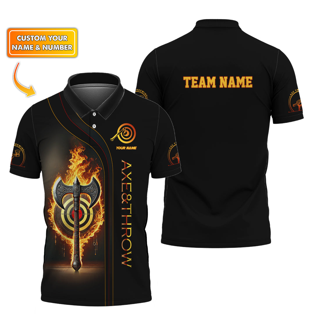 Custom Black Axe Throwing Team Shirt – Flaming Target & Battle Axe Design – Personalized Jersey for Axe Throwing Leagues & Events