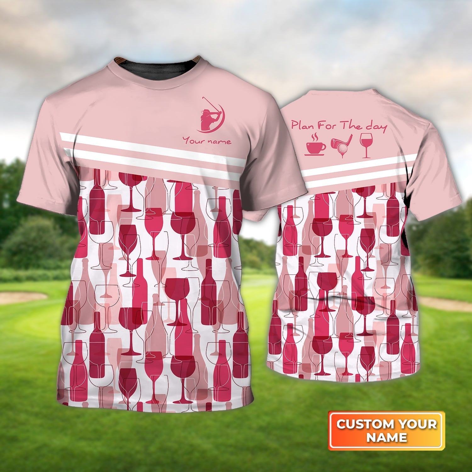 Plan For The Day Coffee Golf Wine Seamless Pattern, Personalized Name 3D Tshirt Gift For Golfer