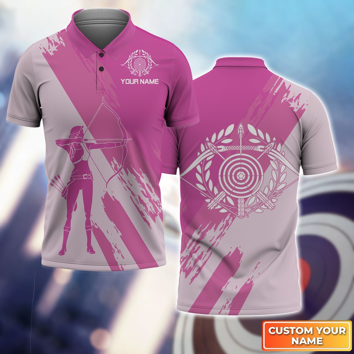 Female Archer Silhouette Pink Personalized Name 3D Polo Shirt Gift For Archer