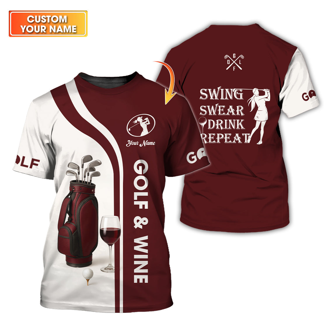 Custom Name Women's Golf Polos, Golf And Wine Shirt, Funny Golf Shirts For Lady Golfers
