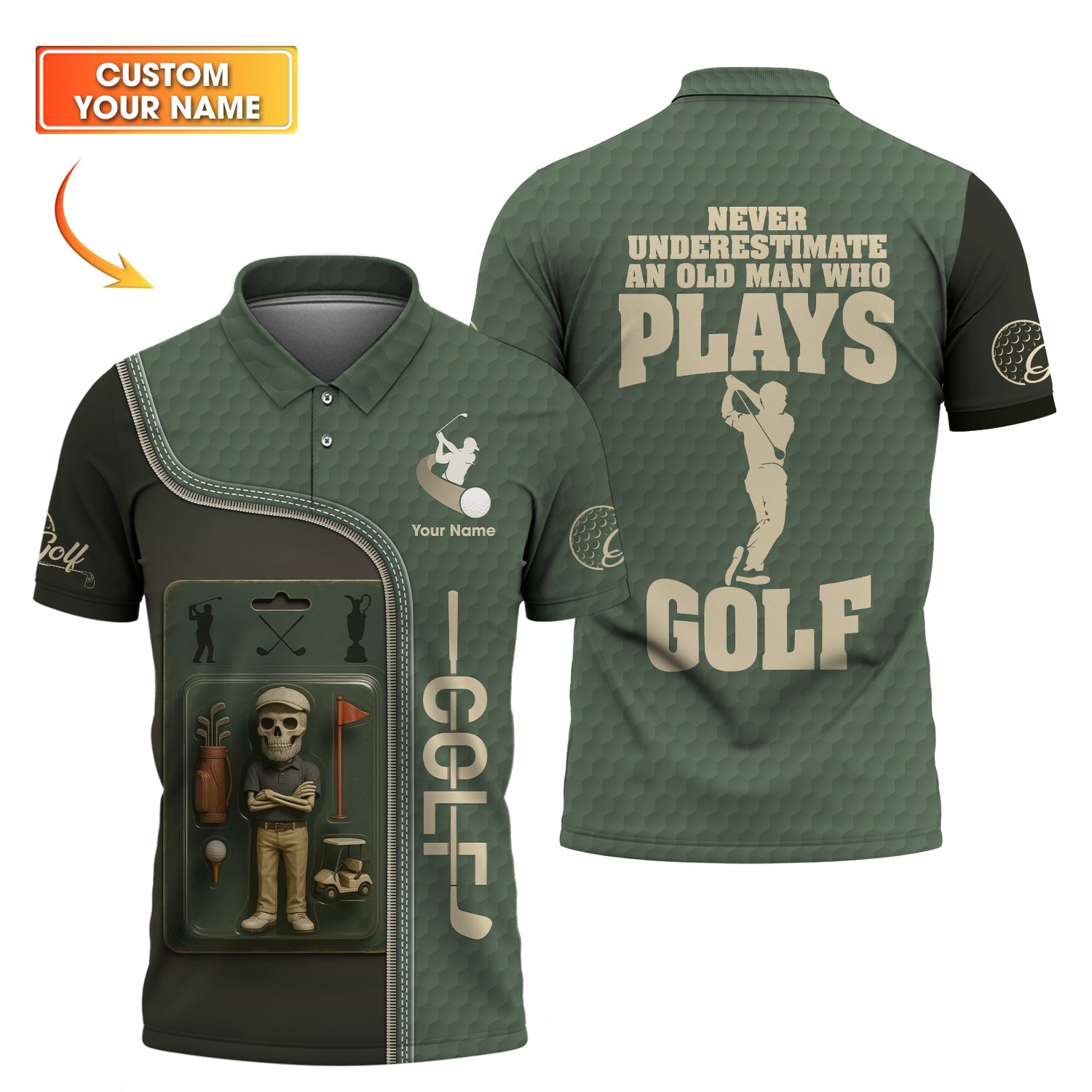 Custom Golf Shirt, Never Underestimate An Old Man Who Plays Golf Skull, Funny Golf Shirt, Father's Day Golf Gifts