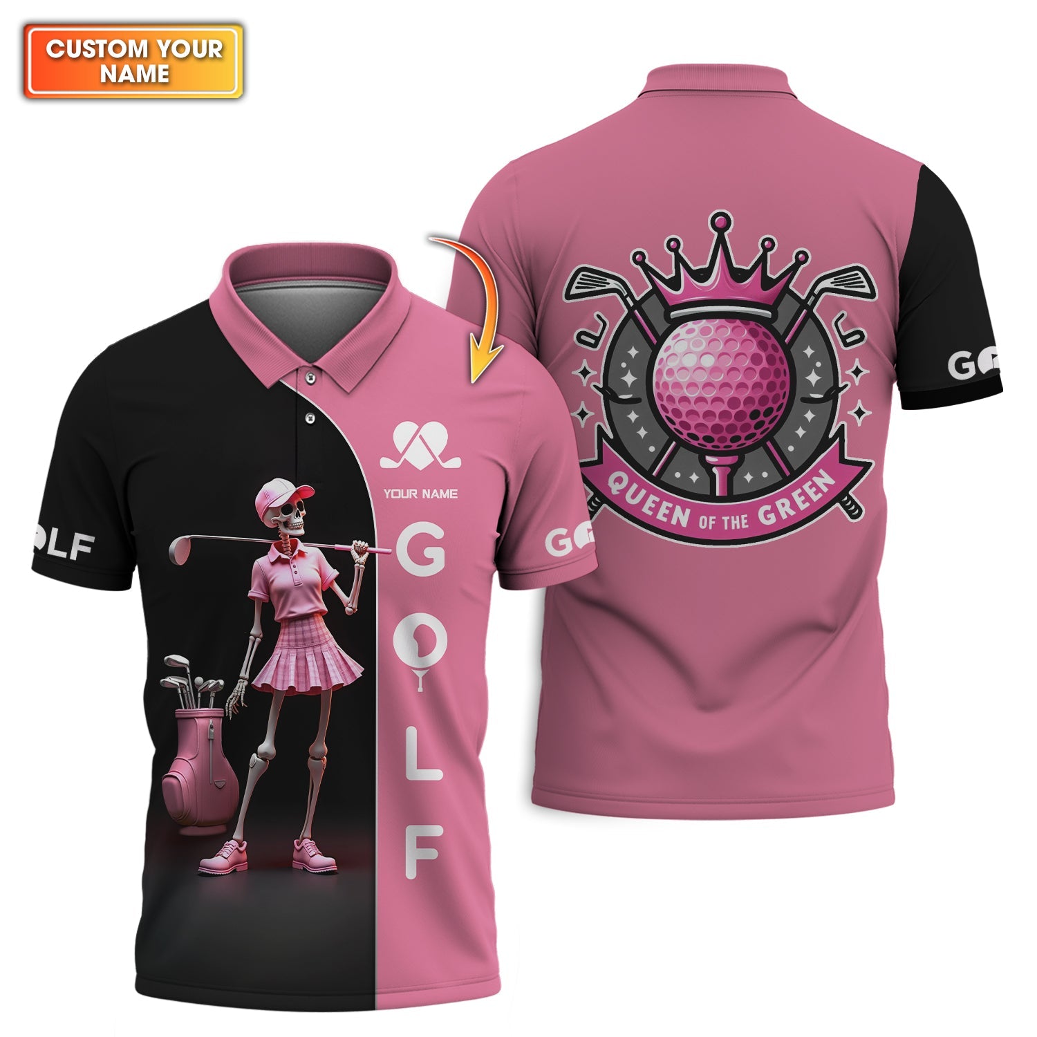 Custom Women’s Golf Polo Shirt – Queen of the Green Skeleton Design – Funny & Stylish Personalized Golf Apparel