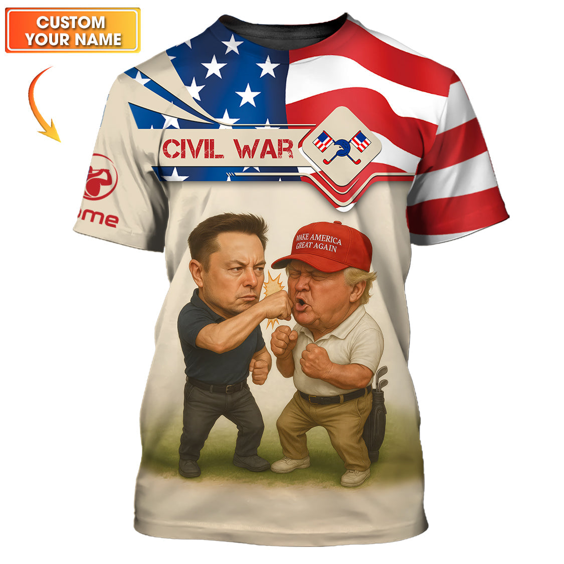 Civil War Golf Polo Shirt – Custom Golf Polo Featuring Political Cartoon – Funny Trump and Musk Shirt for Events & Gifts