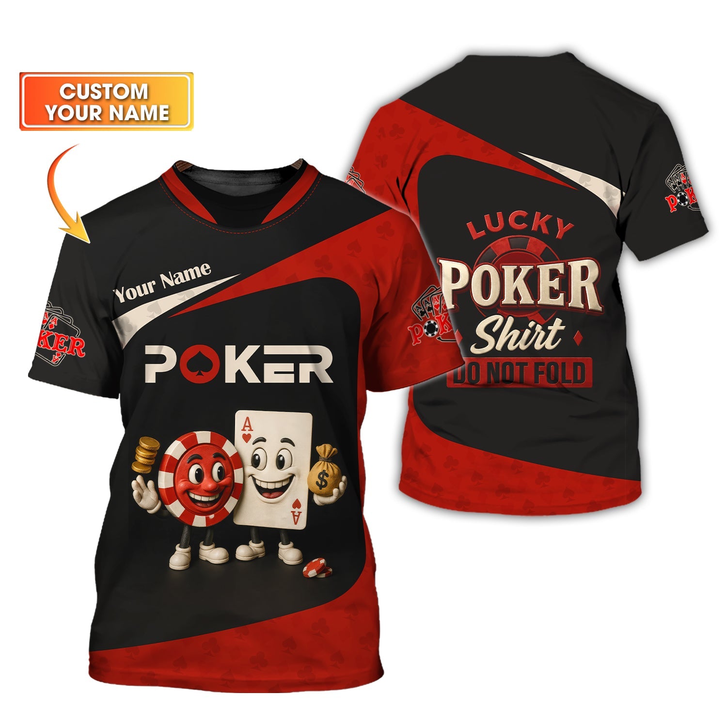 Custom Name Poker Shirt – Red Black Tee with Chip, Card & “Do Not Fold” Quote