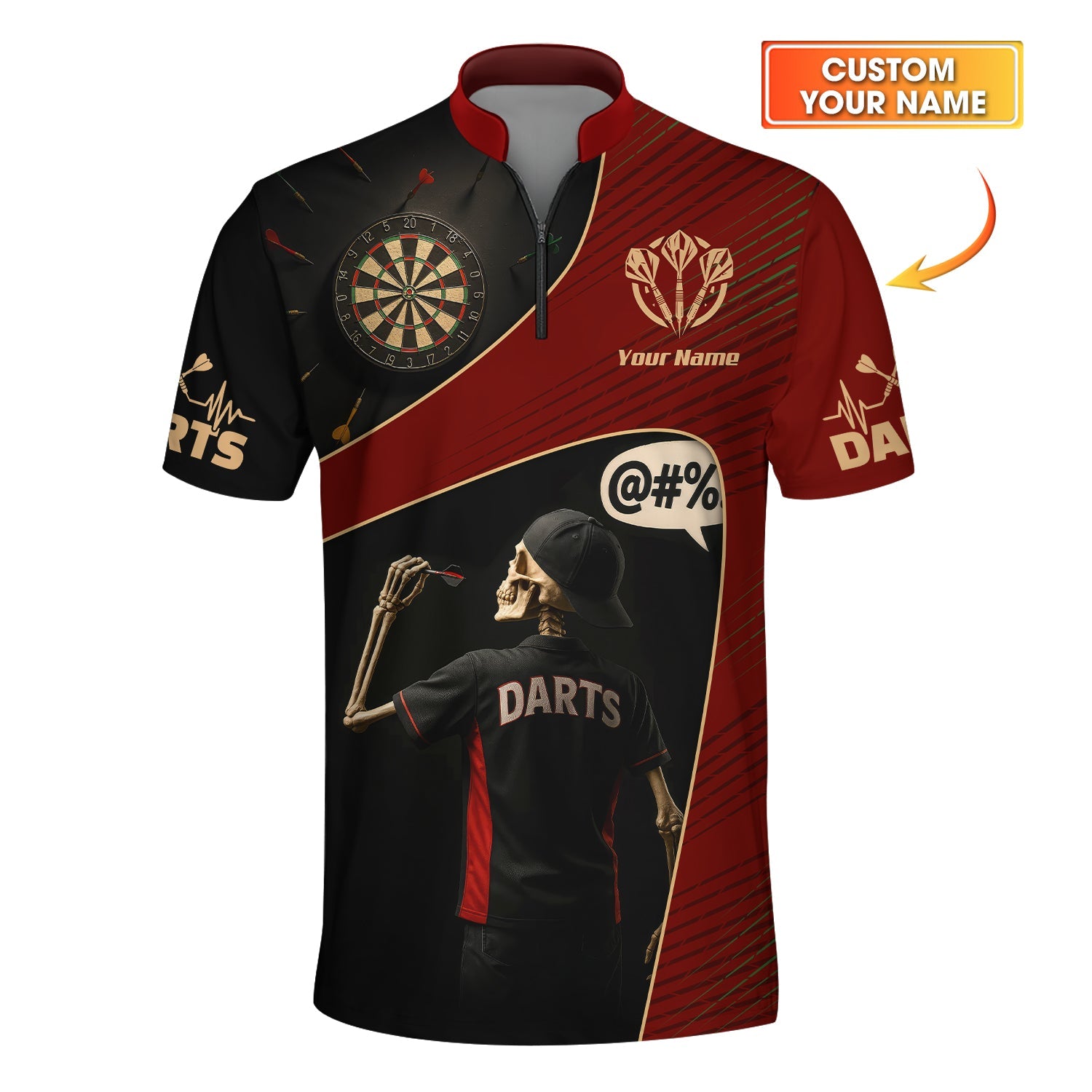Custom Darts Shirt | Red Black Skeleton Dartboard Funny Player Gift Tee