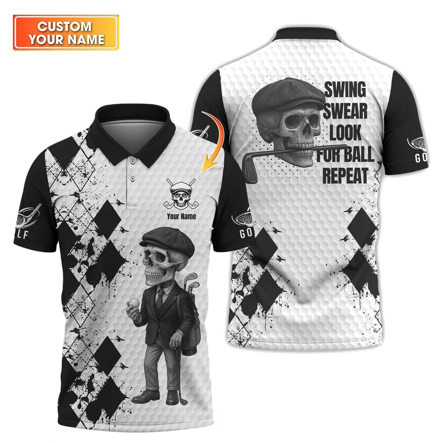 Custom Golf Shirt, Skull Golf Polo Shirt, Vintage Golf Shirt Custom Name, Father's Day Golf Gifts