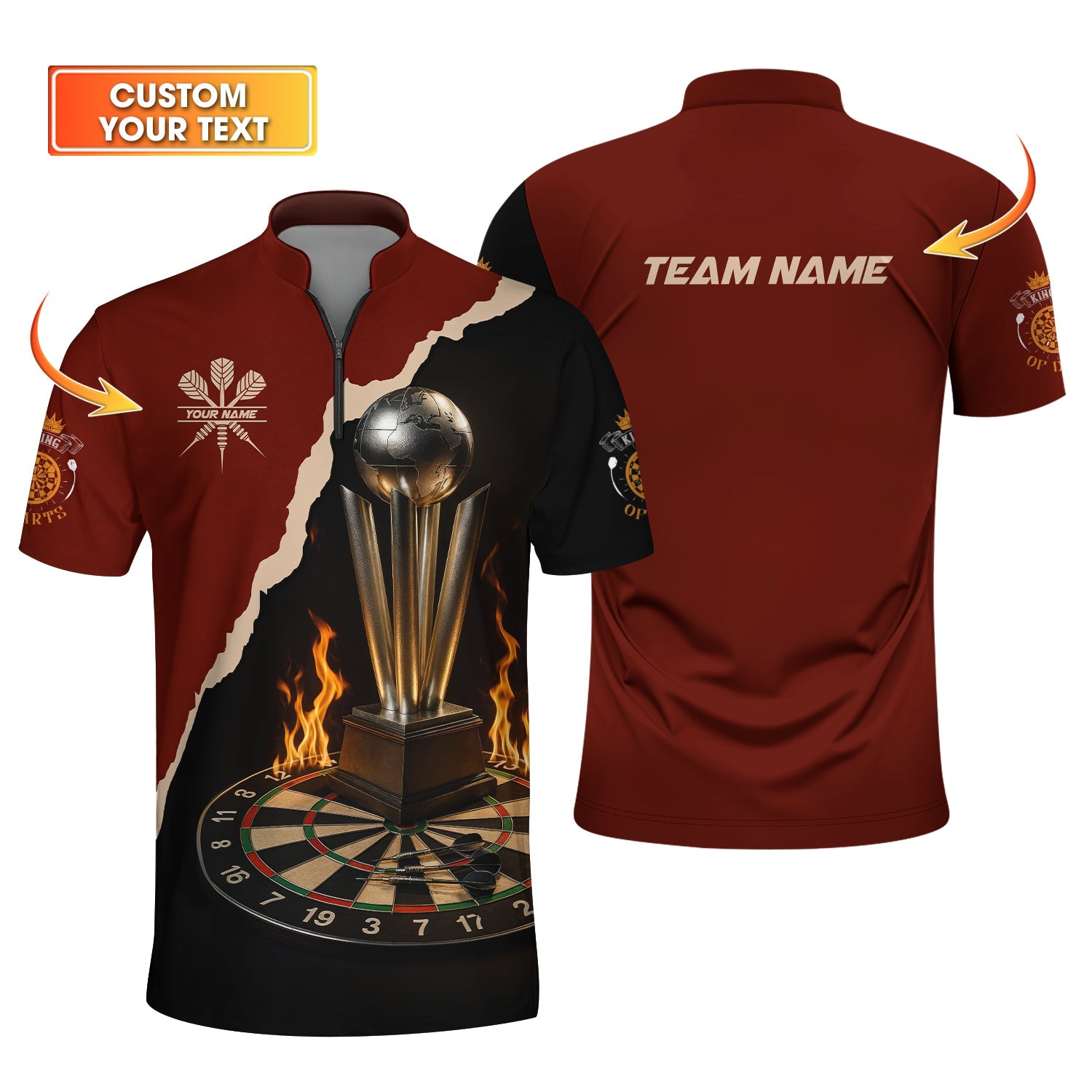 Custom Darts Champion Shirt – Flaming Trophy Design – Red Black Dartboard T-Shirt for Players