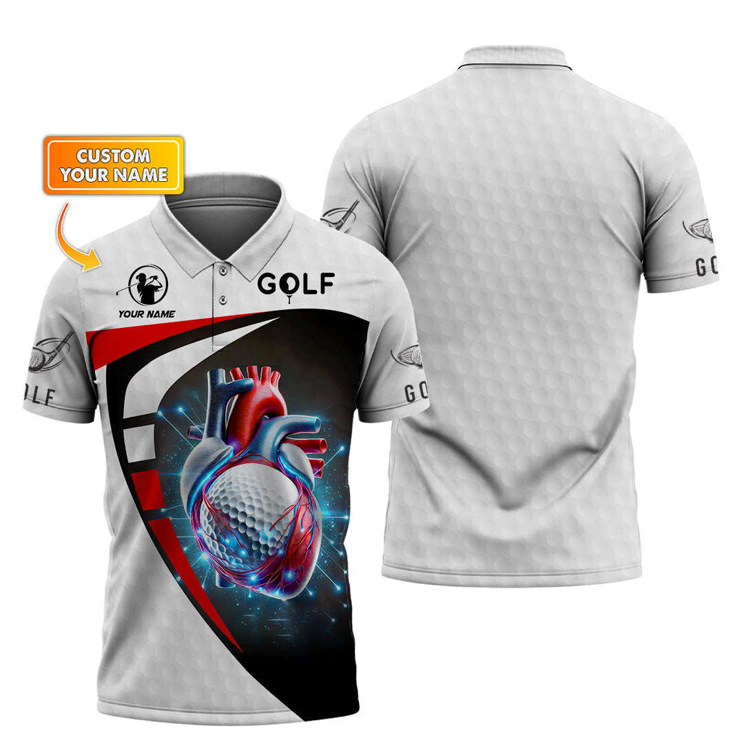 Custom White, Black & Red Golf Shirt – Anatomical Heart with Golf Ball Design – Bold Personalized Apparel for Passionate Golfers