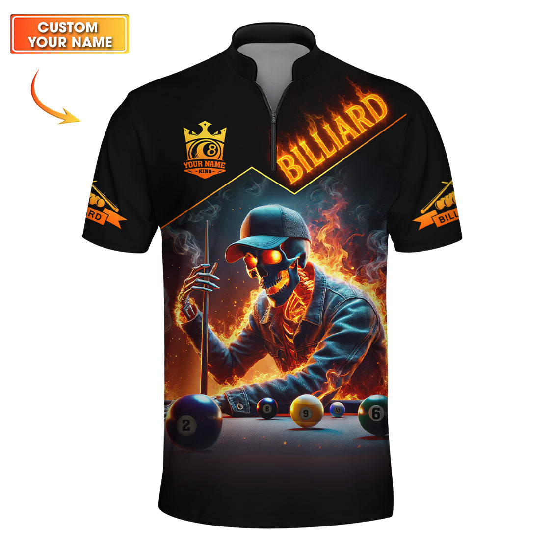 Fire Skull Pool Player Shirts For Men, Custom Name Billiards Jersey, Funny Cue Sports Billiards