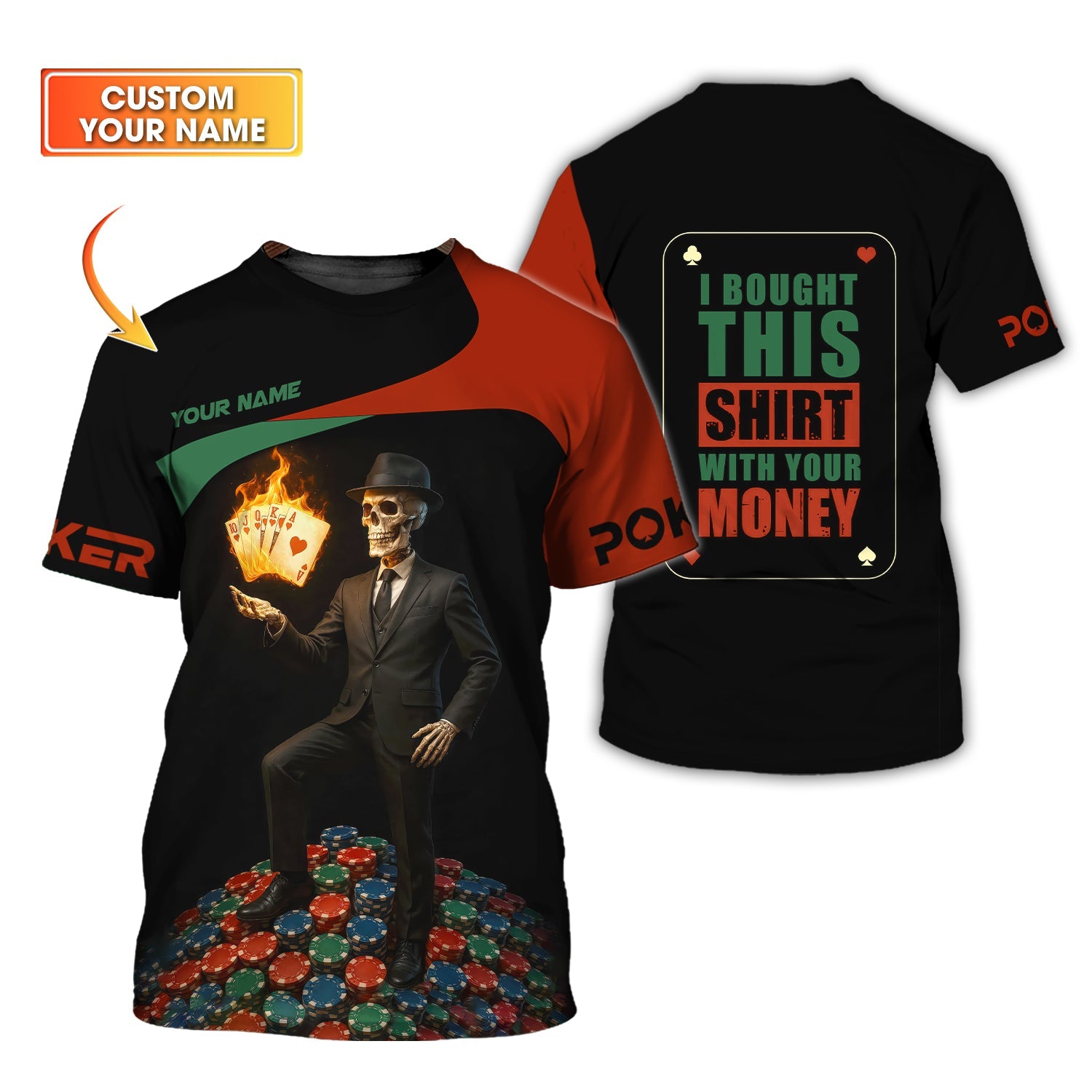 Poker T Shirt Flaming Cards Tee Custom Skull Suit & Chip Poker Stack Design