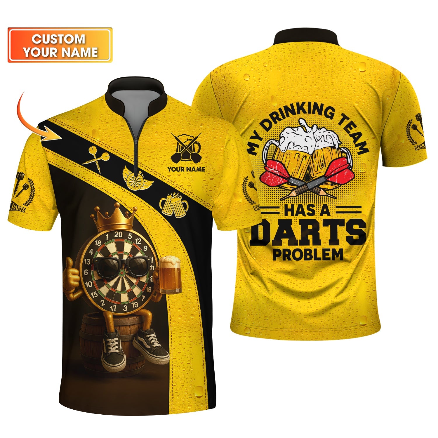 Custom Darts Shirt | Yellow Beer & Dartboard Tee for Funny Drinking Team Gift